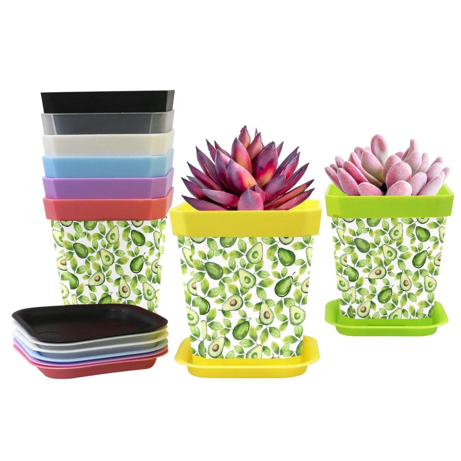 8 Pack Watercolor Green Avocado & Leaves Flower Pots - Multi-Color Nursery Planters with Drainage Tray for Seedlings, Herbs, Succulents | Perfect for Indoor Gardening, Home Decor & Gift Ideas