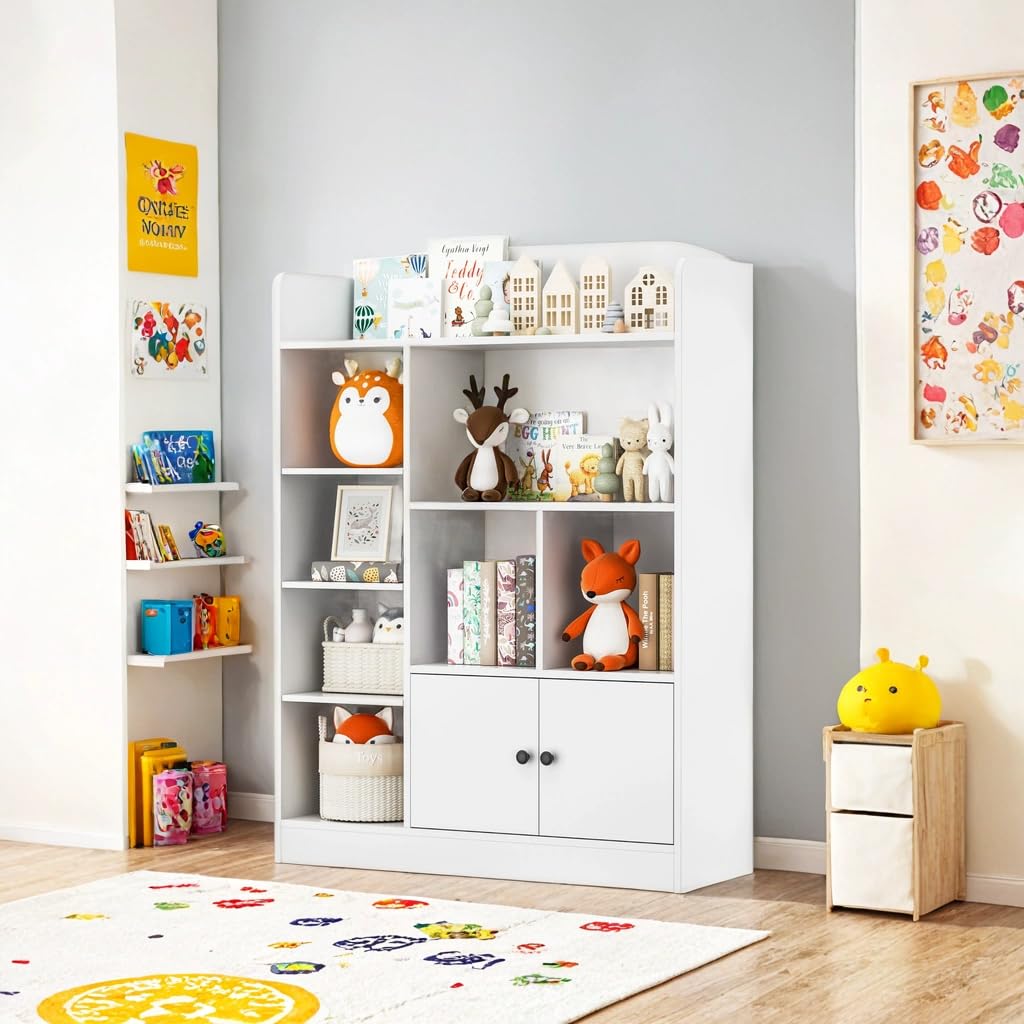 White Kids Bookshelf - 7 Cubbies & 2 Cabinets Book Storage Organizer for Bedroom, Playroom, Nursery | Sturdy Freestanding Bookcase for Children's Books, Toys & Decor | Perfect for Reading Nooks, Daycare & Homeschool Classrooms