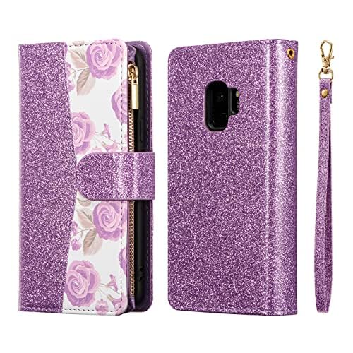 Premium PU Leather Wallet Case for Samsung Galaxy S9 Plus - Magnetic Closure, Zipper Pocket, Kickstand & Card Slots with Hand Strap | Elegant Flip Phone Case for Women | Perfect for Work, Travel & Everyday Use