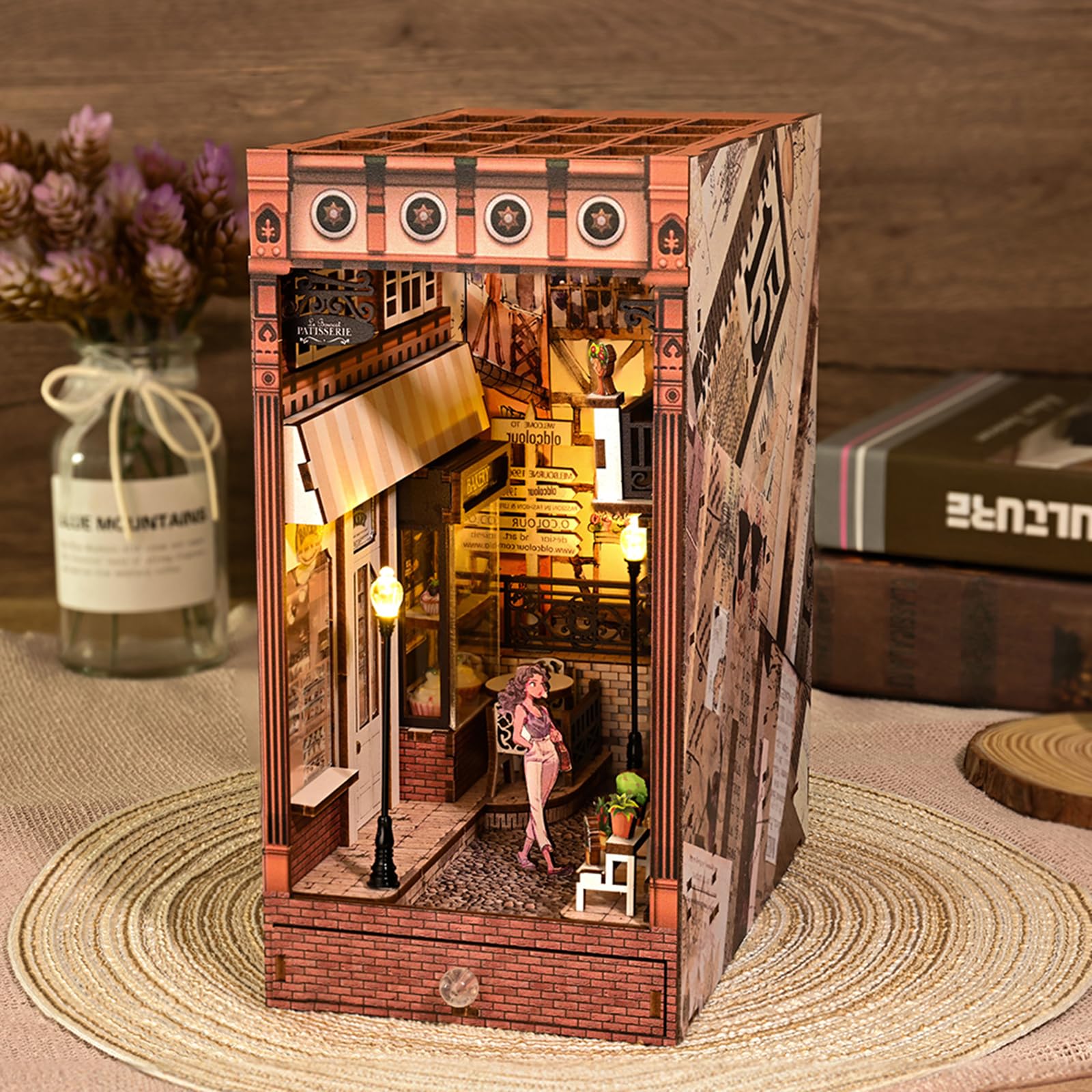 DIY Book Corner Building Kit - Miniature Wooden 3D Puzzle for Dollhouse, Bookshelf Model with LED Lights | Creative Home Decor, Gift for Book Lovers & Craft Enthusiasts | Perfect for Miniature Displays, Room Decor & Educational STEM Projects