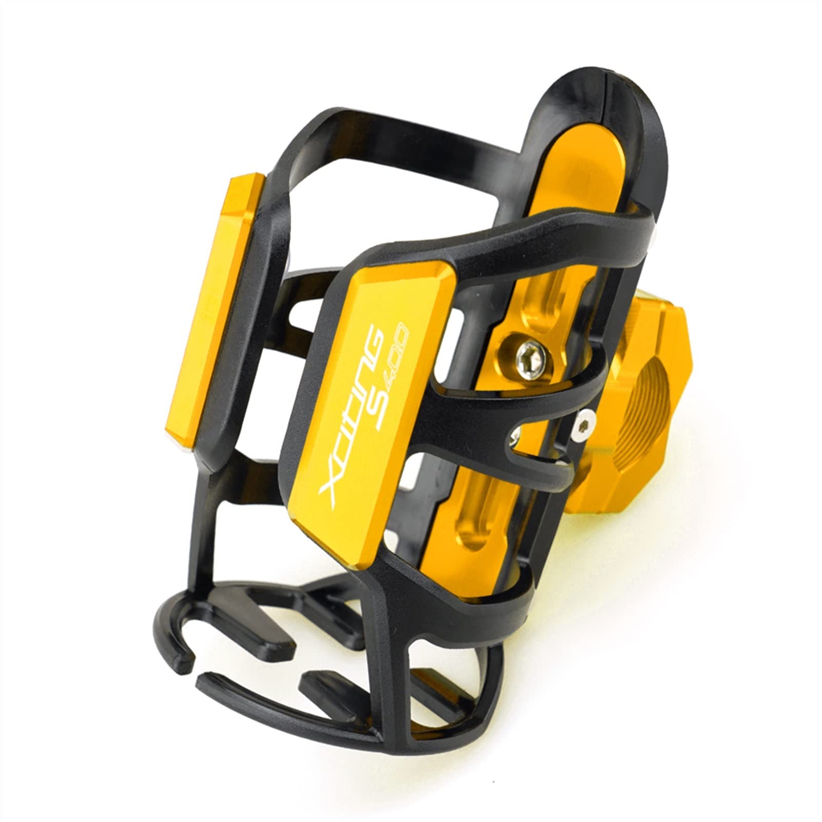 KYMCO Xciting S400 400S Motorcycle Water Bottle Holder (2017-2020) - Black & Gold Drink Cup Cage Mount for Hydration on Rides - Perfect for Commuting, Touring and Adventure Motorcycling
