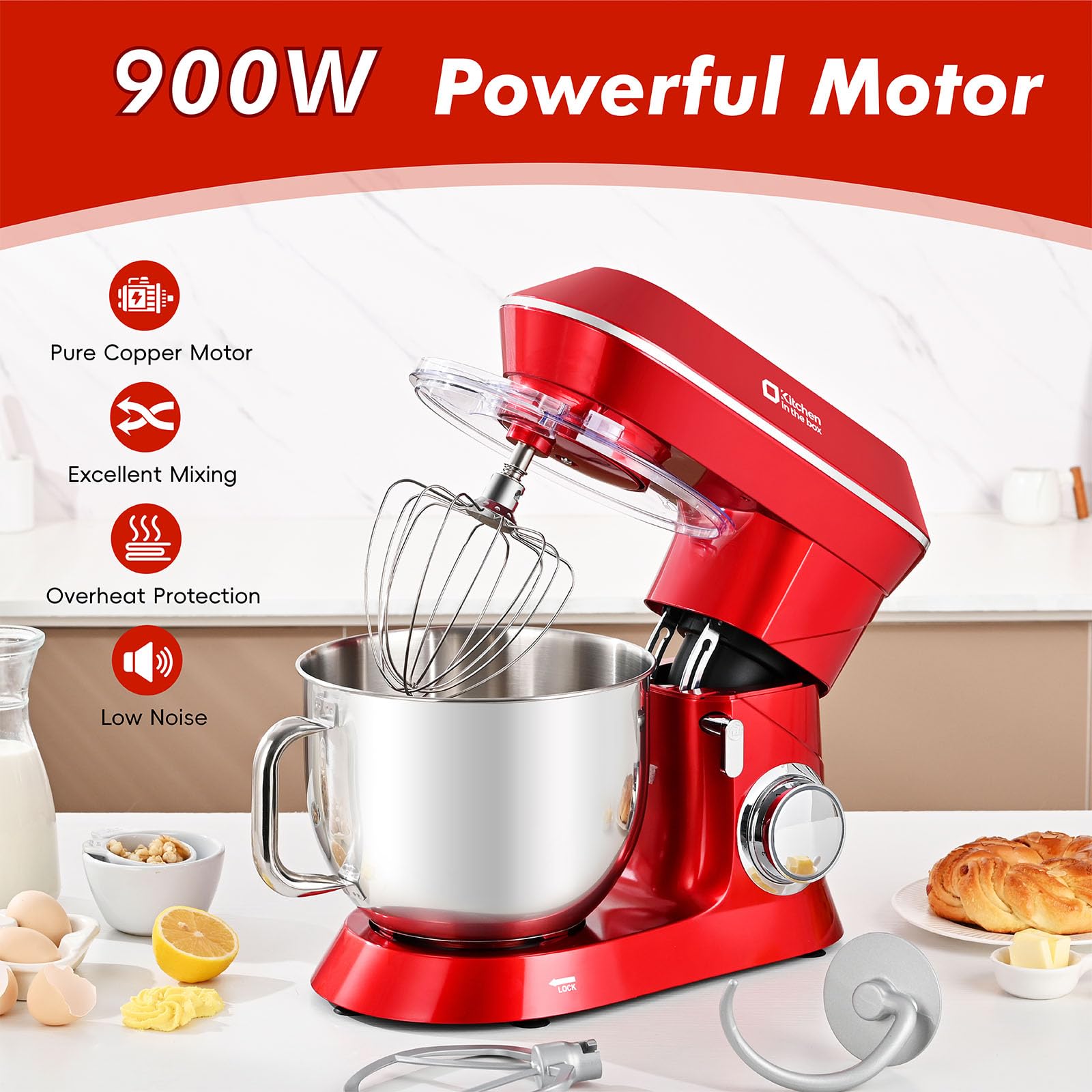 900W 7.5QT Stand Mixer - 6-Speed Tilt-Head Electric Mixer with Dough Hook for Baking (Red) - Perfect for Home Kitchens & Bakeries