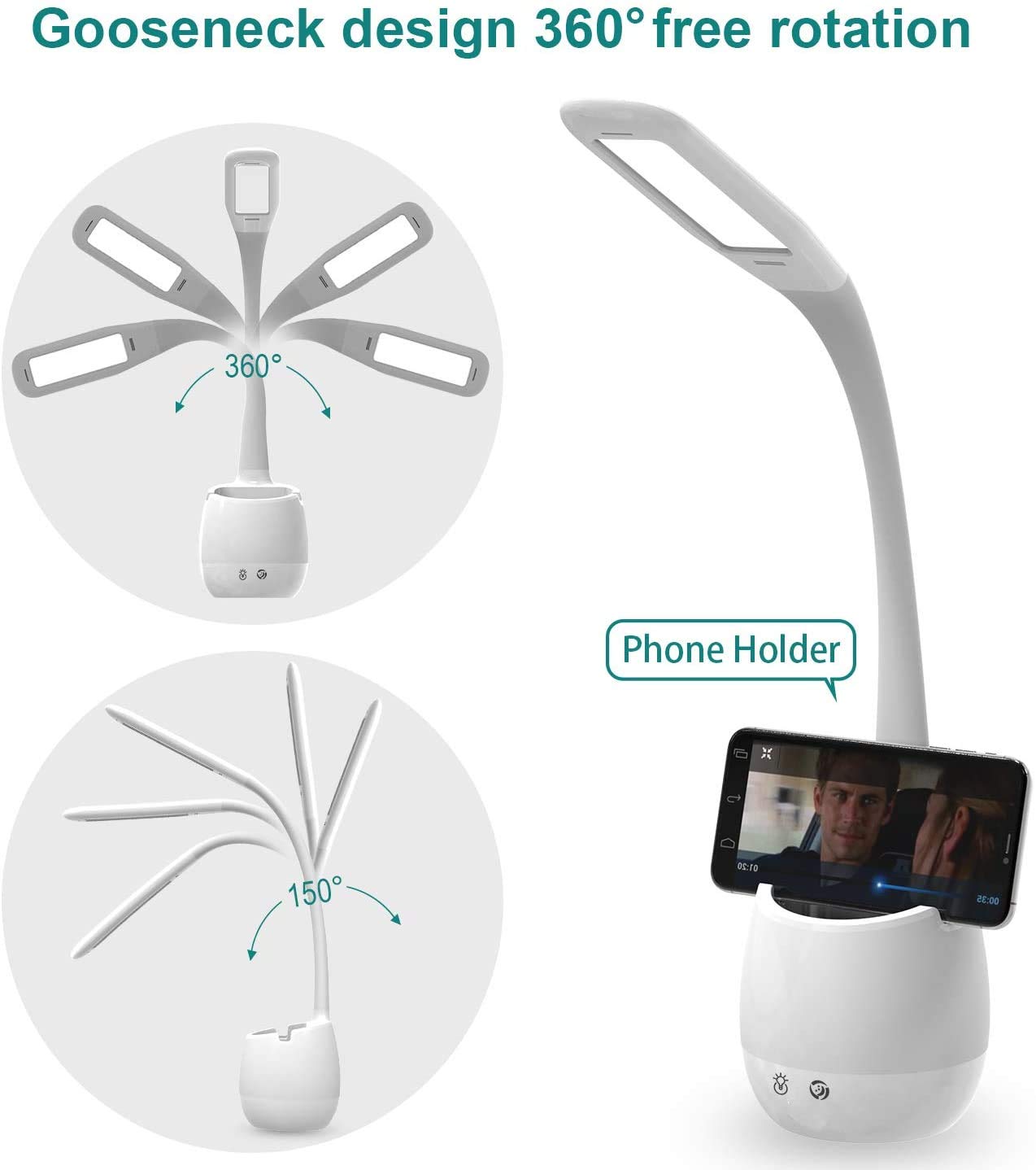 Rechargeable LED Desk Lamp with Pen Holder - Dimmable Flexible Gooseneck Study Light for Home & Office | Eye-Caring Night Light for Kids, Students | Perfect for Reading, Working & Bedside Use (White)