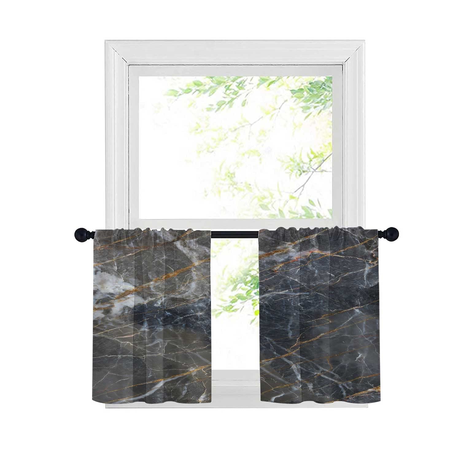 SongYi Thermal Insulated Marble Print Window Curtains - Black Gray Gold 2 Panel Set (30x36 Inch) for Kitchen, Bathroom & Cafe Decor - Noise Reducing Textured Drapes for Home & Office Use
