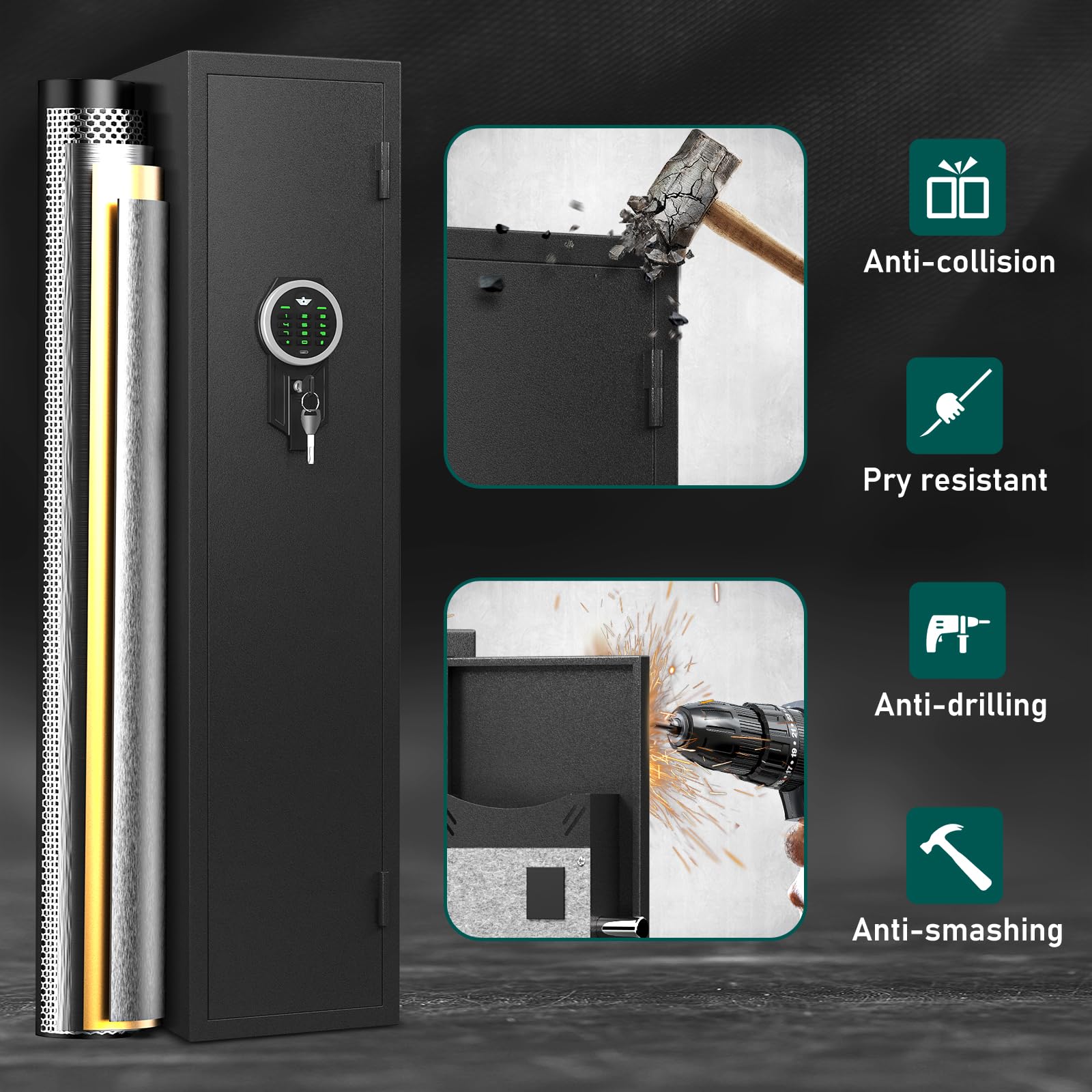4-5 Gun Rifle Safe for Home Security - Quick Access Biometric & Backlit Keypad Gun Cabinet with LED Light & Removable Shelf - Perfect for Bedroom, Closet & Gun Storage Organization