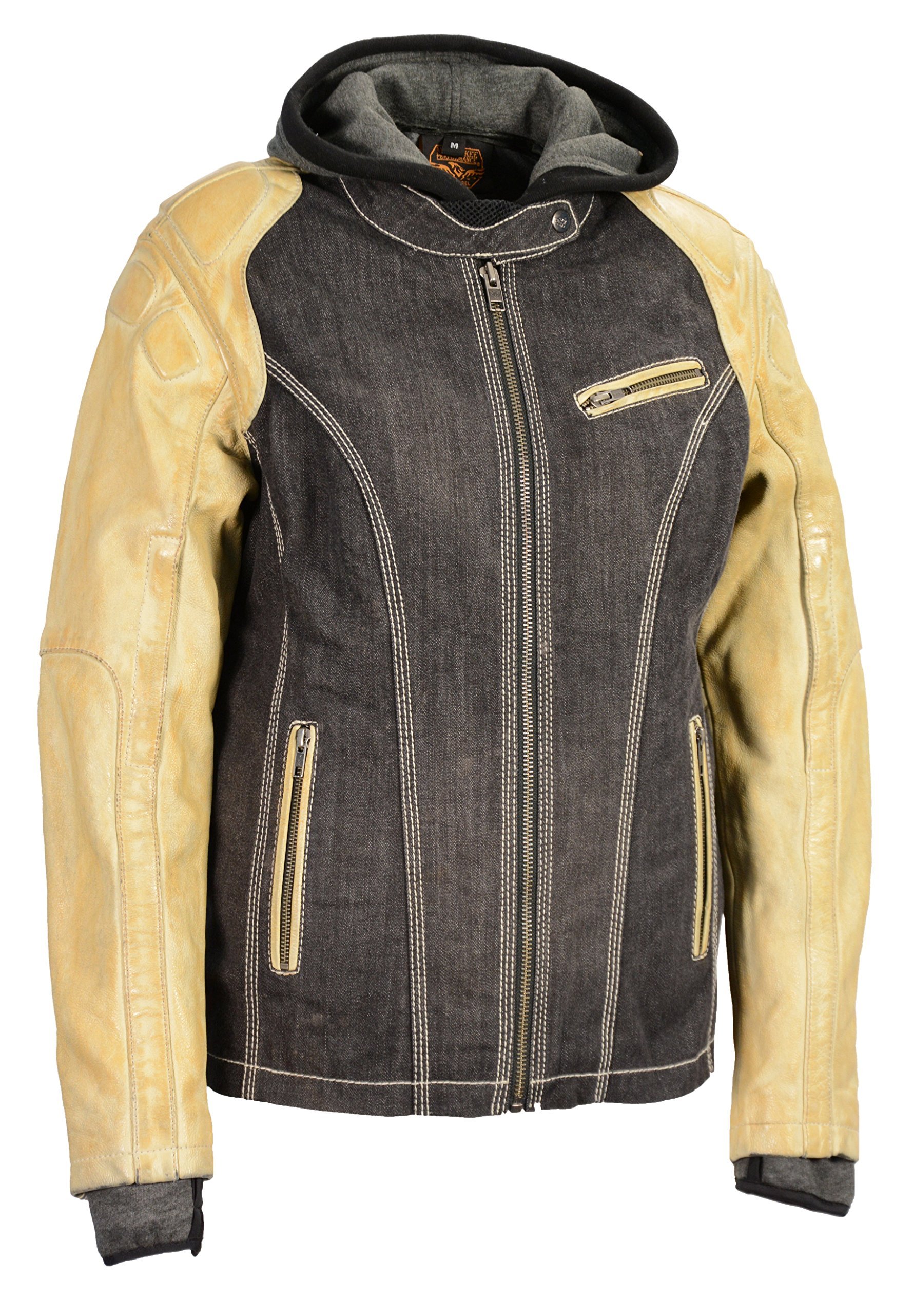 Women's Two-Tone Denim & Leather Scuba Jacket with Full Hoodie Liner - Stylish Winter Coat for Casual Outings, Streetwear Fashion & Outdoor Activities