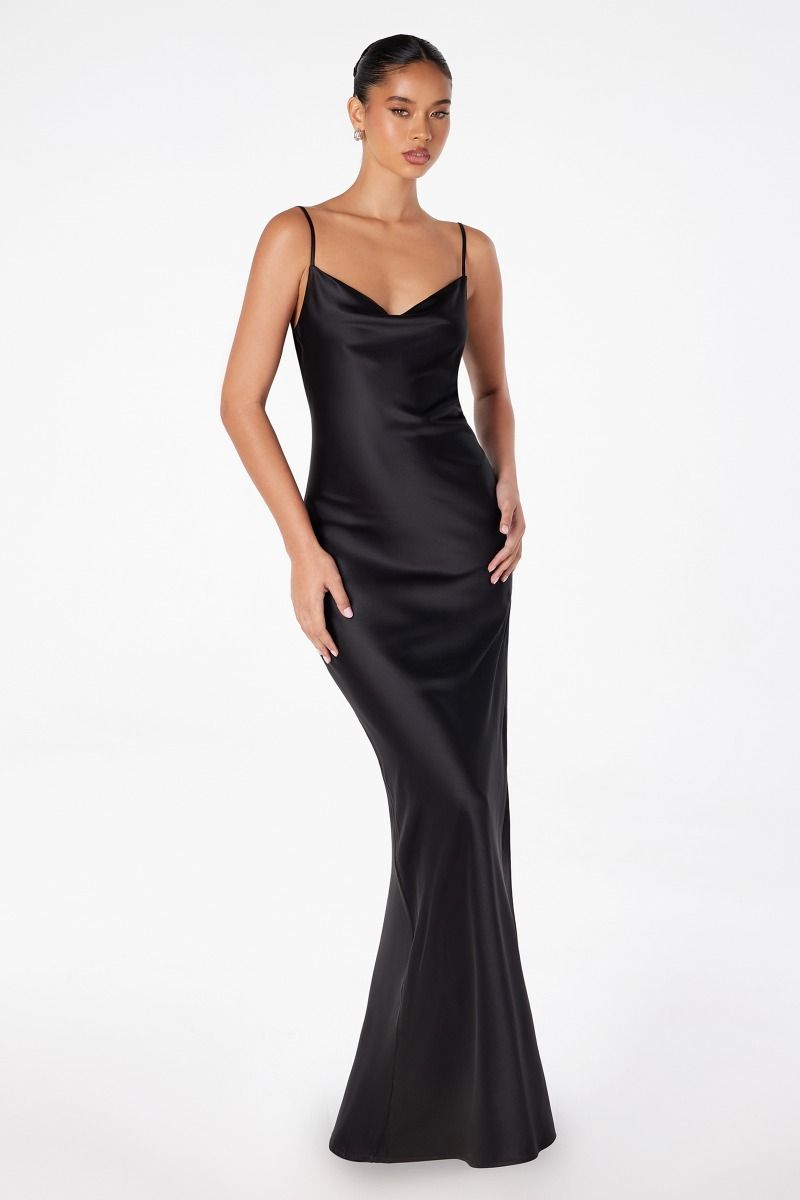Lina Maxi Dress - Cowl Neck Front & Draped Back Fitted Satin Evening Gown for Women | Perfect for Weddings, Parties & Special Occasions