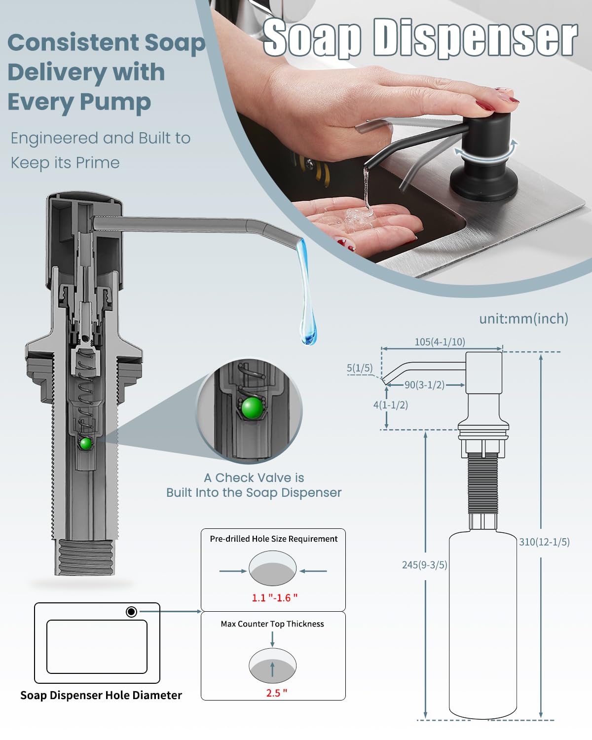 Black Kitchen Faucet with Soap Dispenser & Sprayer - 3-in-1 Water Filter Purifier Faucet for Sink, Brass Drinking Water RO Faucet - Perfect for Farmhouse, RV, Camper & Home Kitchen Use