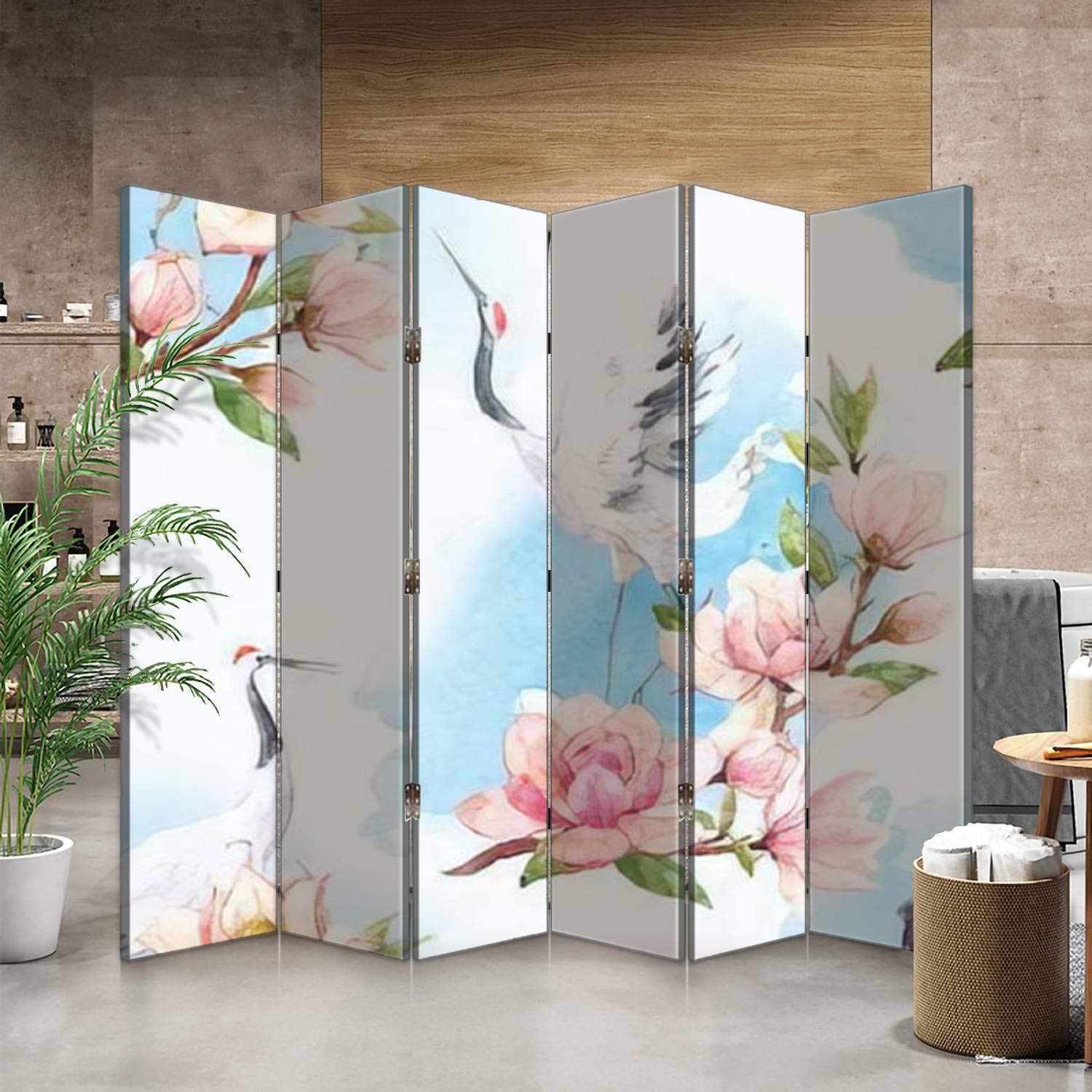 Japanese Traditional Watercolor Crane & Branch Canvas Room Divider - 6 Panel Folding Privacy Screen with Red Head Motif | Perfect for Home Office, Bedroom Partition & Studio Space Separation