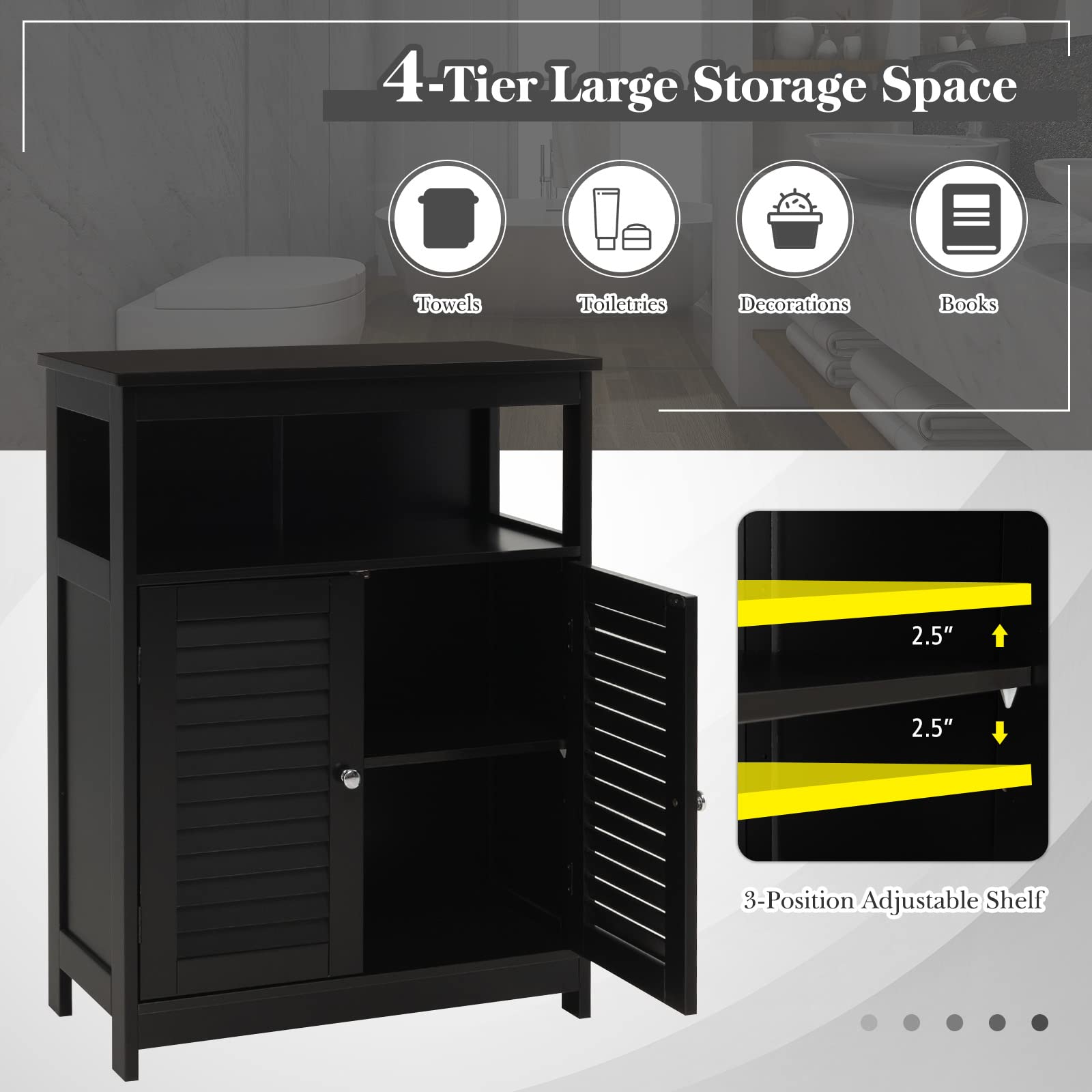 GLACER Wooden Bathroom Storage Cabinet with Double Shutter Doors - 3-Position Adjustable Shelf & Side Organizer - 23.5 x 12 x 31.5 Inches (Black) - Perfect for Bathroom, Laundry Room & Closet Organization