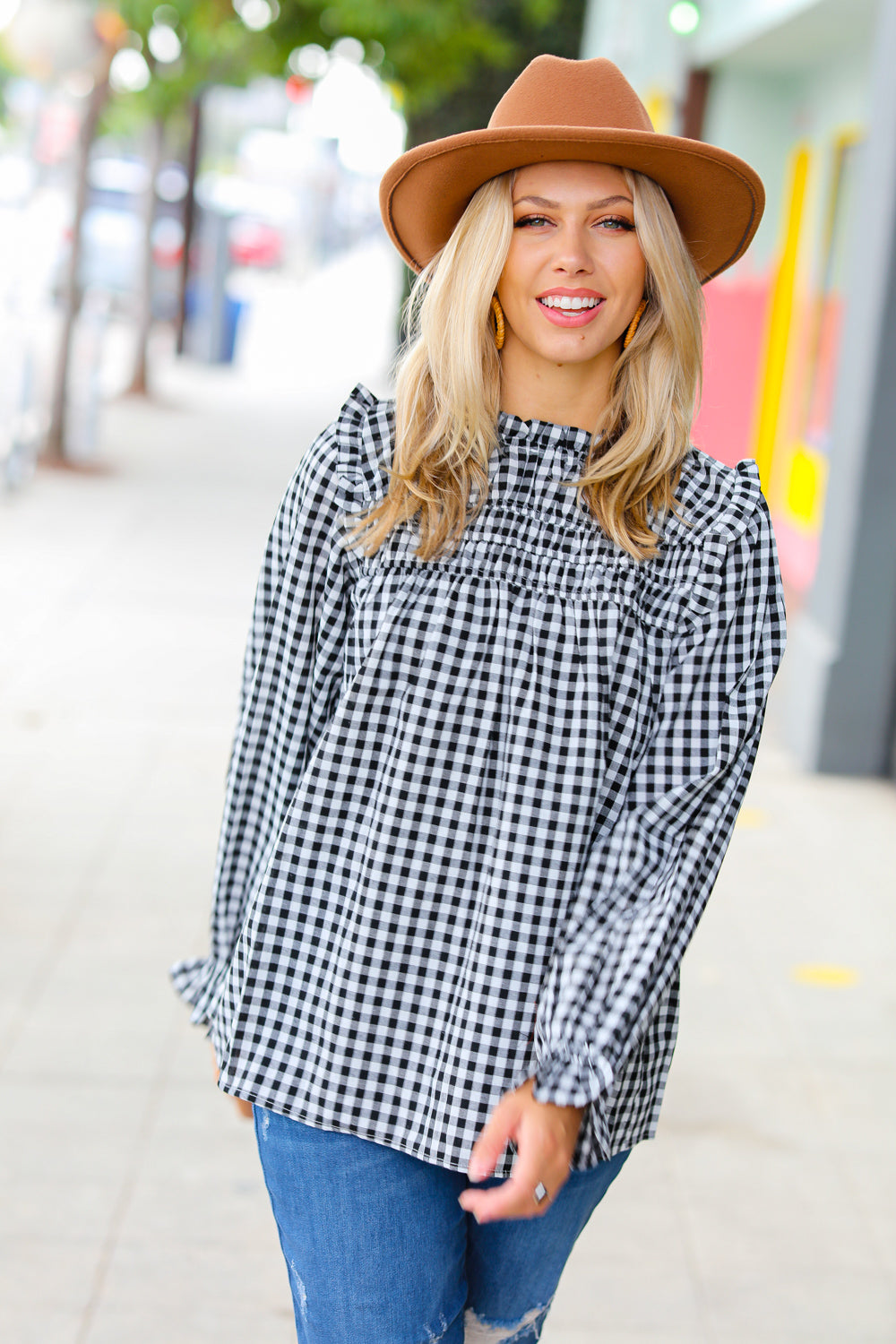 Stylish Black Gingham Shirred Yoke Mock Neck Frilled Top for Women | Vintage-Inspired Blouse for Casual Outfits & Date Nights