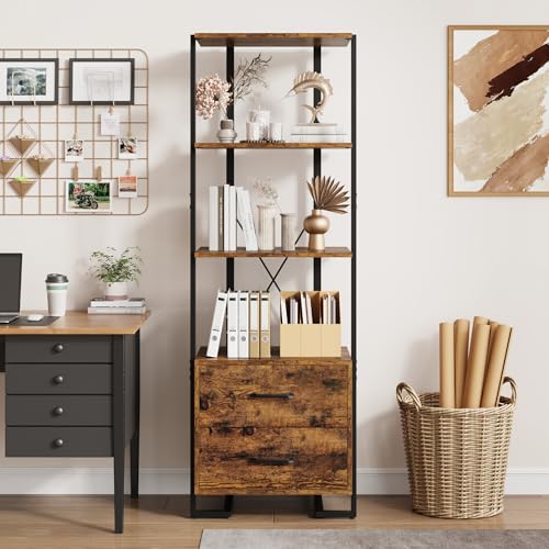 GARVEE 4 Tier Bookshelf with Storage Drawers - 70.9 Inch Tall Industrial Bookcase with Open Display Shelves & Metal Frame - Rustic Brown Book Shelf for Living Room, Bedroom, Office - Perfect for Organizing Books, Decor & Storage Needs