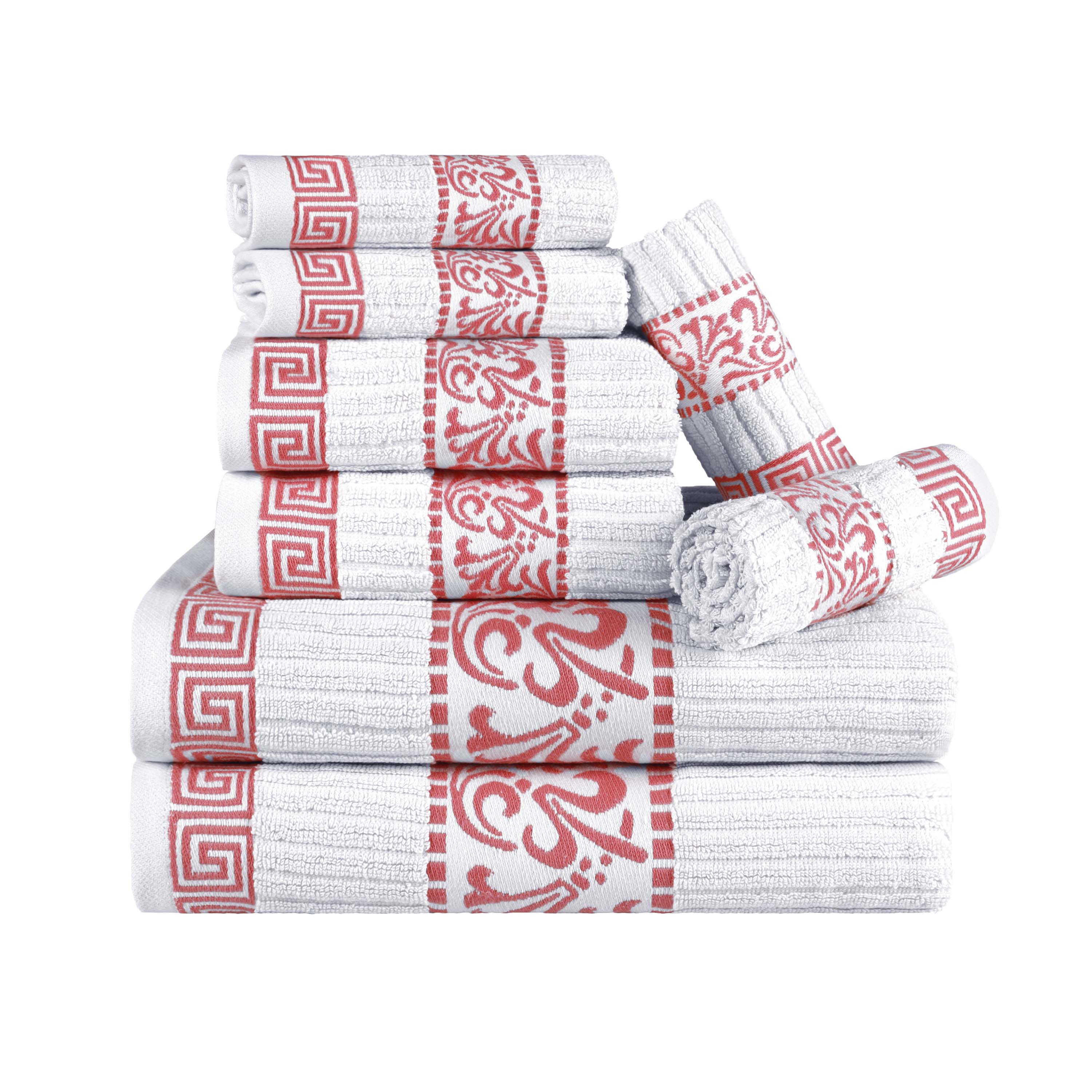 Premium 8-Piece Cotton Towel Set with Greek Scroll & Floral Design - Soft Bath Towels, Hand Towels & Washcloths - Perfect for Bathroom, Spa & Luxury Home Decor