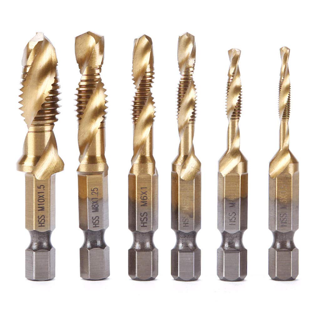 6-Piece Titanium M2 HSS Hex Shank Drill Bit Set - High-Speed Steel Spiral Point Thread Metric Plug Bits for Metal, Wood & DIY Projects