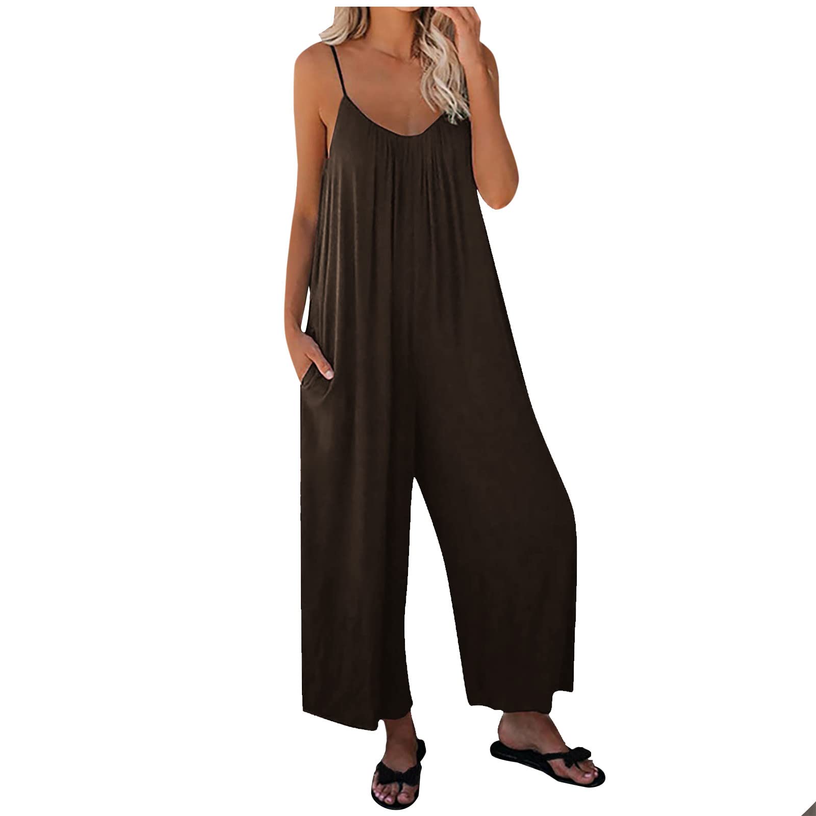 Women's Plus Size Summer Jumpsuit - Wide Leg Romper with Pockets for Casual Outings