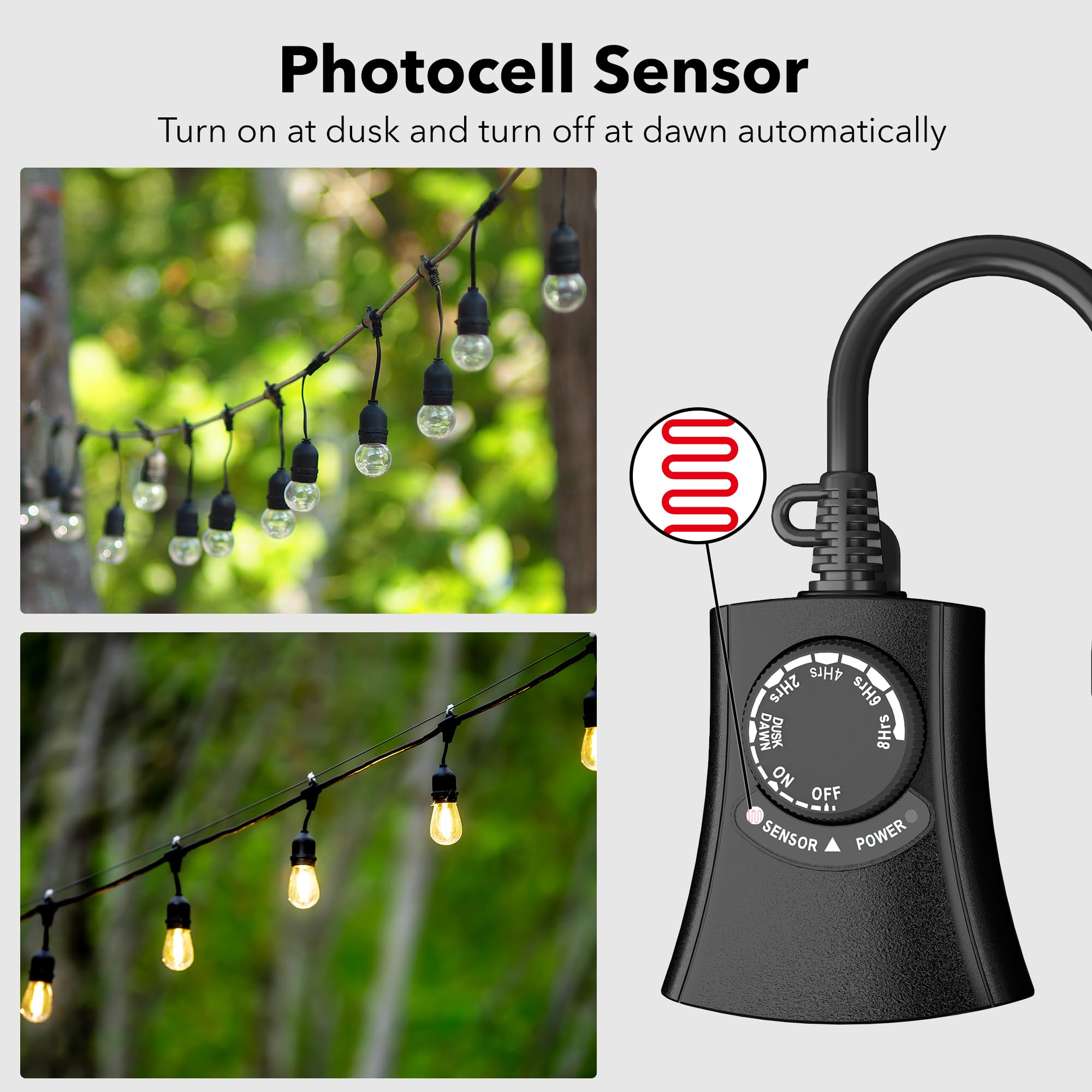 HBN Outdoor Light Timer Waterproof - Weatherproof Photocell Dusk to Dawn Sensor with 2/4/6/8 Hour Countdown - 2 Grounded Outlets for Christmas Lights & Halloween Decorations (1875W 15A 1/2HP) - Perfect for Patio, Garden, and Holiday Lighting
