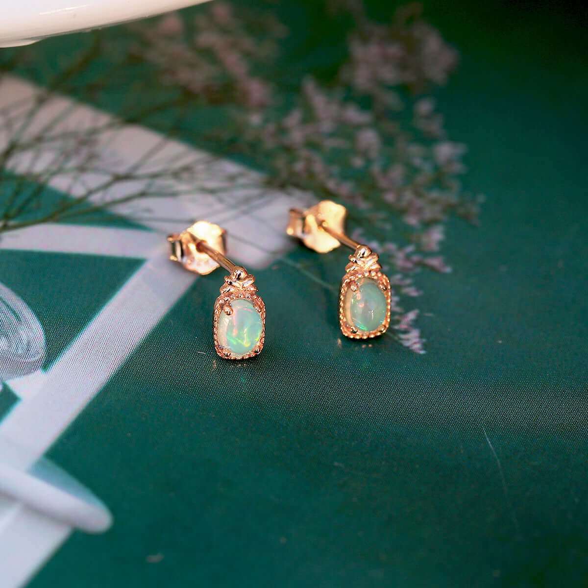 14K Gold Natural Opal Baguette Stud Earrings for Women | HJZB 426 | Elegant Everyday Jewelry & Special Occasion Gift