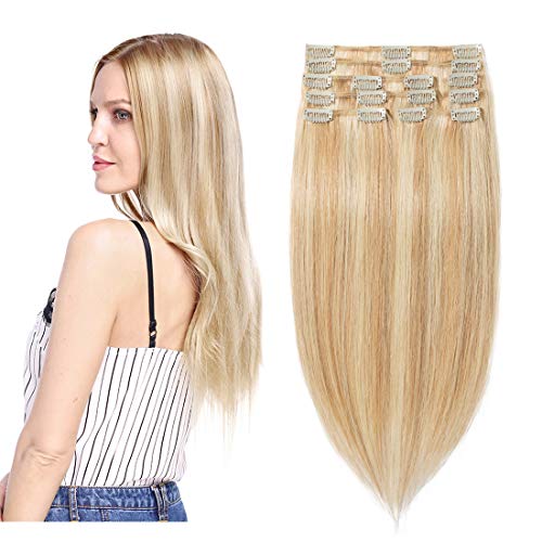 S-noilite 100% Real Human Hair Clip-in Extensions - 8 Pieces, 18 Clips, Long Straight 20