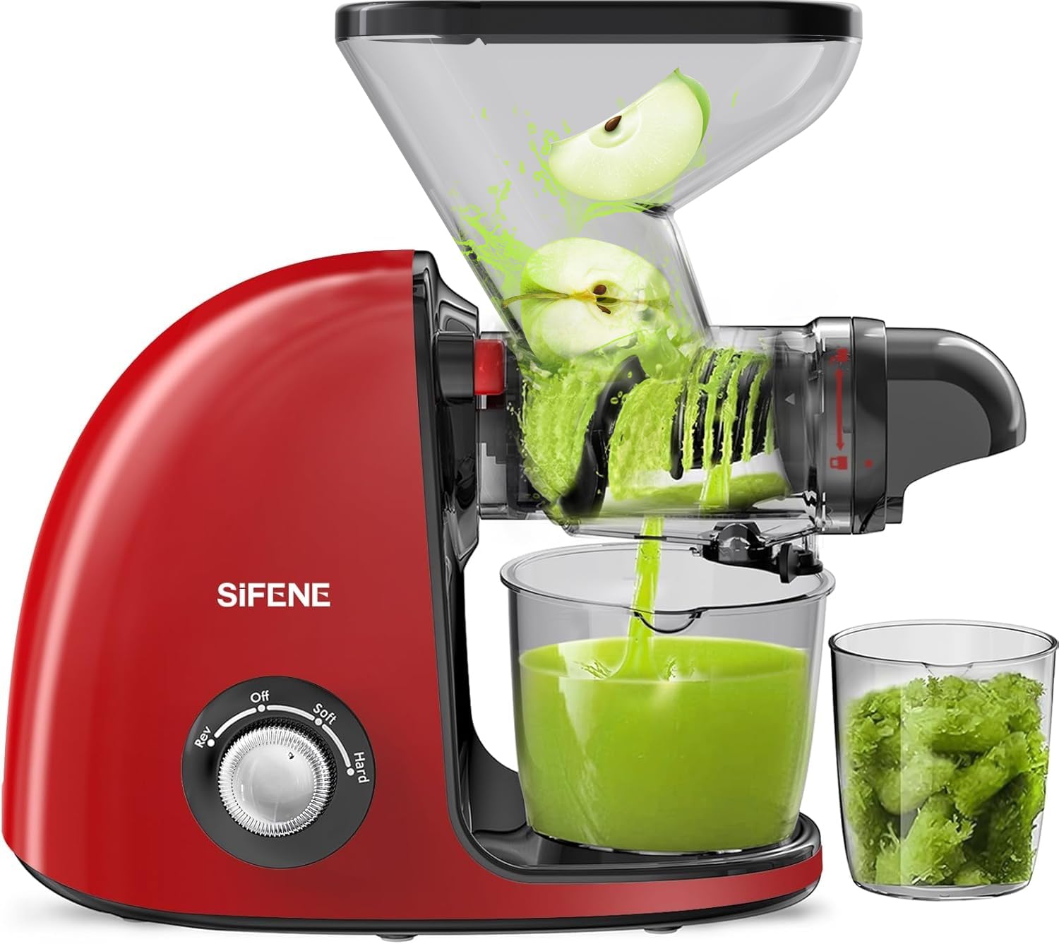 SiFENE Slow Masticating Juicer - Cold Press Juice Extractor for Fruits & Vegetables with Dual Mouth, Quiet Motor, Anti-Clog System - High Juice Yield, Easy to Clean, BPA-Free (Red) - Perfect for Healthy Juicing at Home, Office or Gym