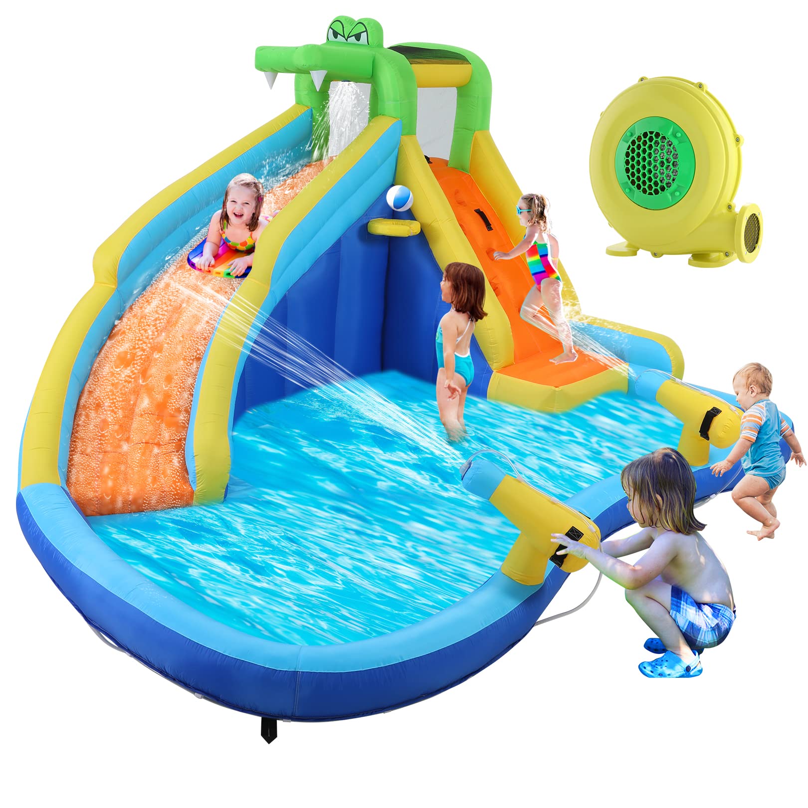 **DREAMVAN Inflatable Water Slide for Kids - Bouncy Castle with Sprinkler, Splash Pool, Basketball Hoop, Climbing Wall & 2 Water Cannons | Includes Blower, Water Tube & Carry Bag | Perfect for Backyard, Pool Parties & Summer Fun**
