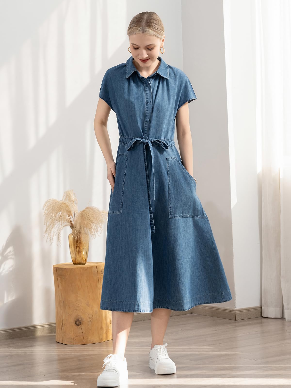ALSOGO Women's Casual Denim Dress - Short Sleeve Midi Jean Dress with Waist Drawstring & Pockets | Perfect for Summer Outings, Beach Vacations and Casual Everyday Wear