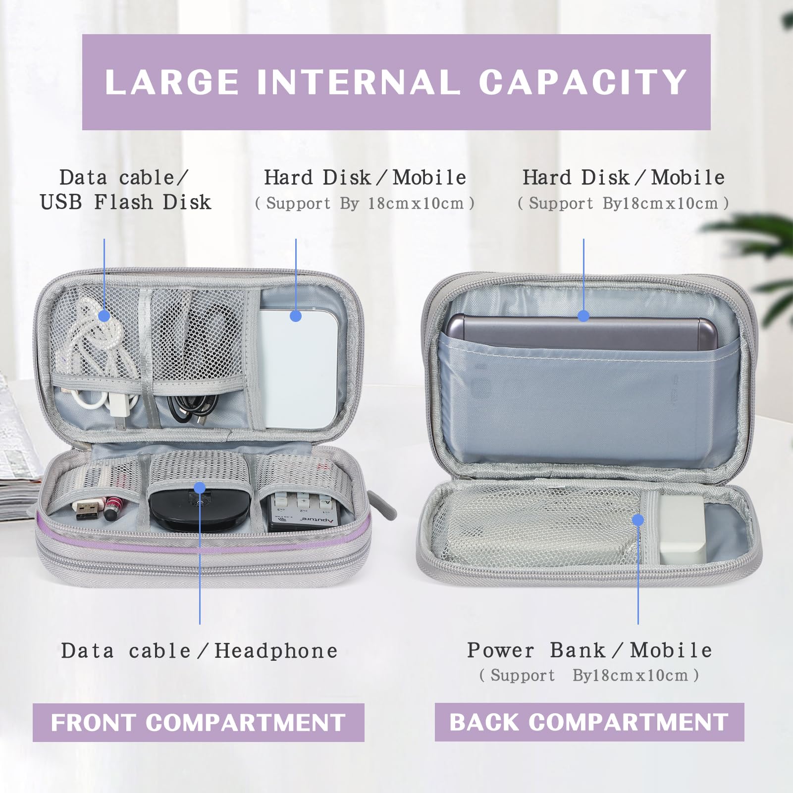 FYY Travel Cable Organizer - Waterproof Double Layer Pouch for Chargers & Cords - Light Purple | Perfect for Travel & Office