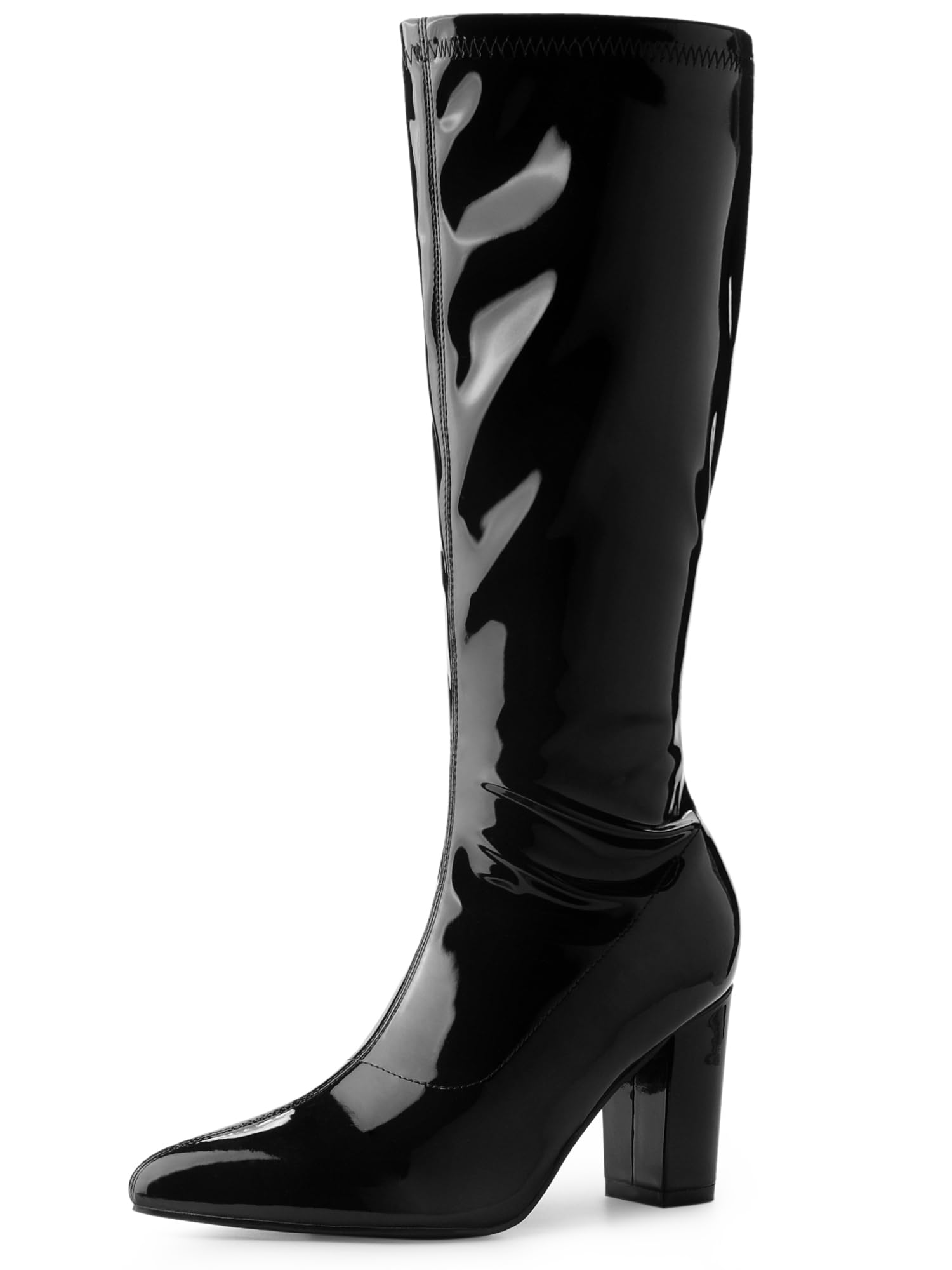 Perphy Women's Knee High Go Go Boots - Patent Leather Chunky Heels for Dancing, Parties & Retro Fashion | Comfortable & Stylish 1960s Inspired Boots for Night Out, Halloween Costume or Vintage Outfits