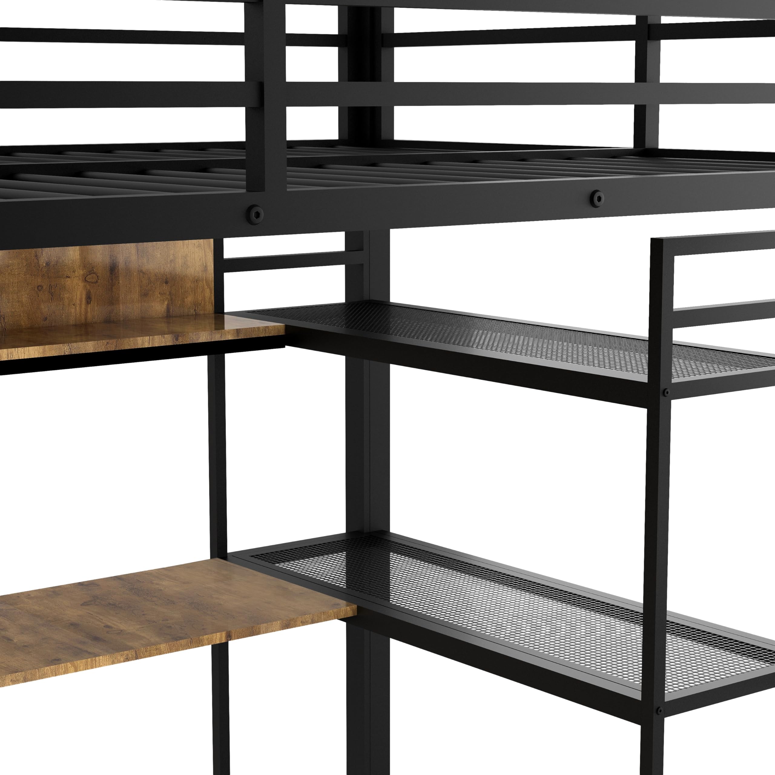 Full Size Loft Bed with Desk & Wardrobe - Heavy Duty Metal Loft Bed with Storage Shelves & Drawers - Space Saving Black Loft Bed with Bookshelf for Kids, Teens & Adults - Perfect for Small Bedrooms, Dorms & Studio Apartments