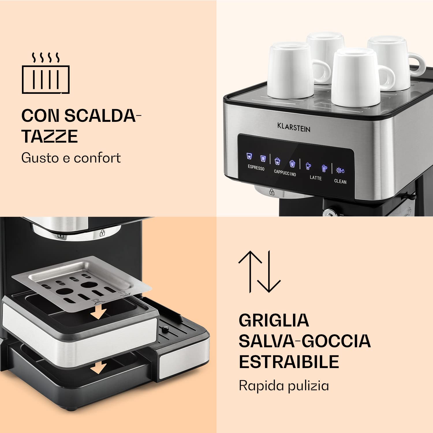 KLARSTEIN 1.8L Stainless Steel Espresso Machine with Milk Frother - 1350W for Coffee & Cappuccino | Perfect for Home Baristas & Coffee Lovers
