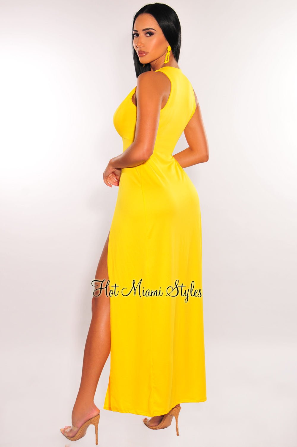 Yellow Sleeveless V-Neck Double Slit Maxi Dress - Beach Cover Up, Summer Party, Vacation Outfit