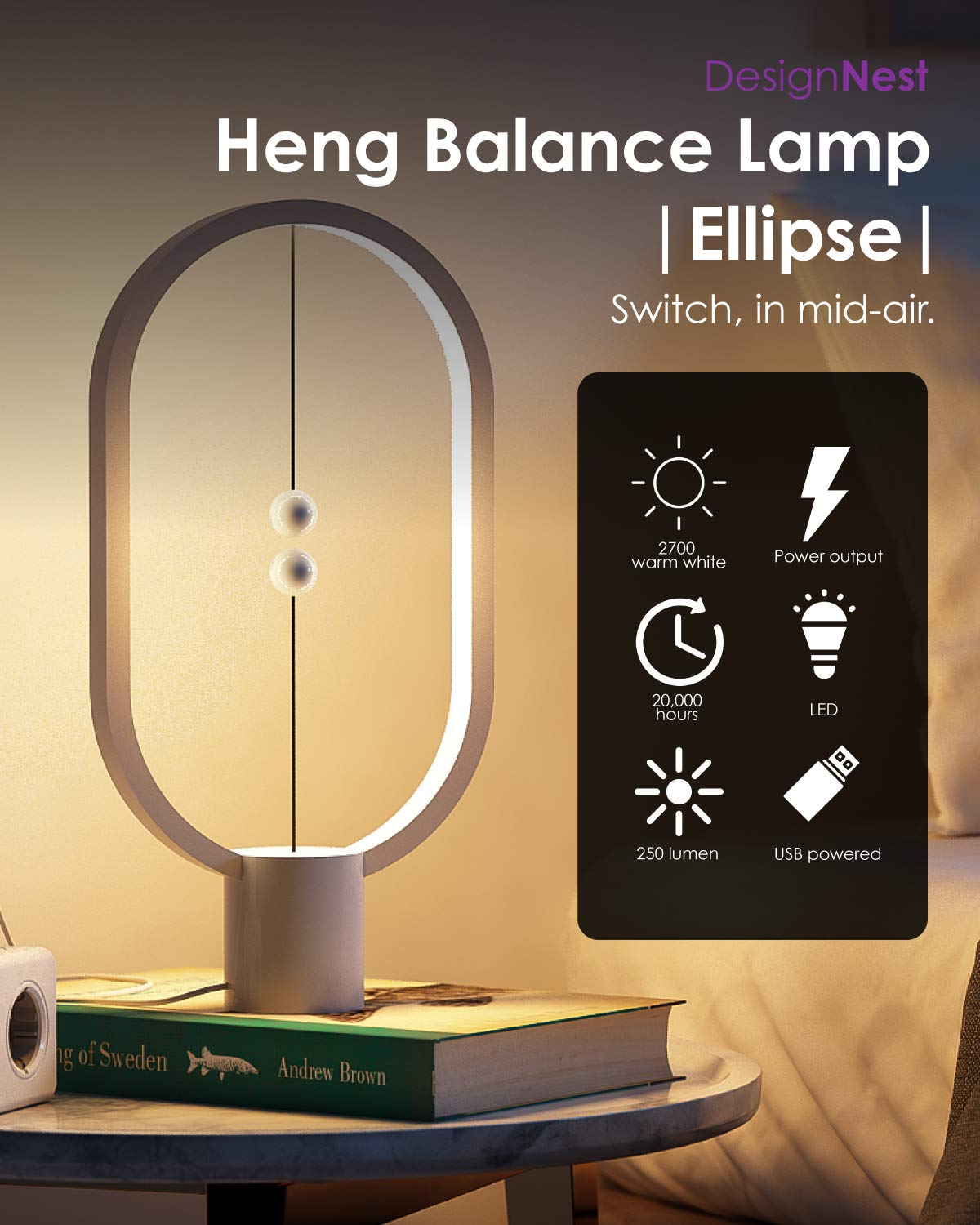Heng Balance LED Table Lamp - USB Powered, Mid-Air Switch, Eye-Care Warm Light for Office & Home Decor | Modern Desk Lamp with Contemporary Soft Lighting (Wyoming White) - Perfect for Reading, Working & Creating Cozy Atmosphere