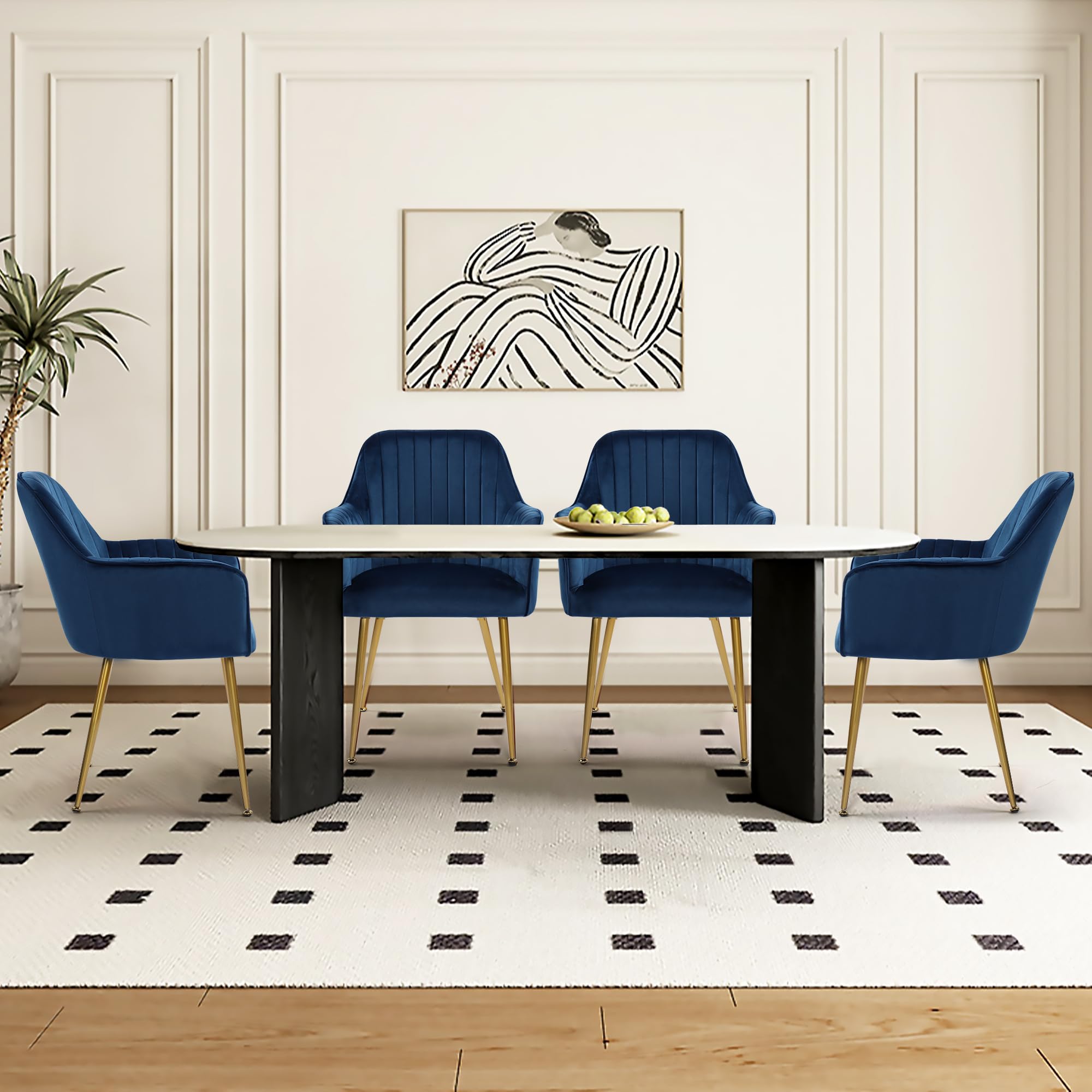 Luxury Velvet Dining Chairs Set of 4 - Modern Upholstered Accent Chairs with Gold Metal Legs for Living Room, Bedroom & Office - Soft Blue Fabric Seating for Home Decor & Entertaining