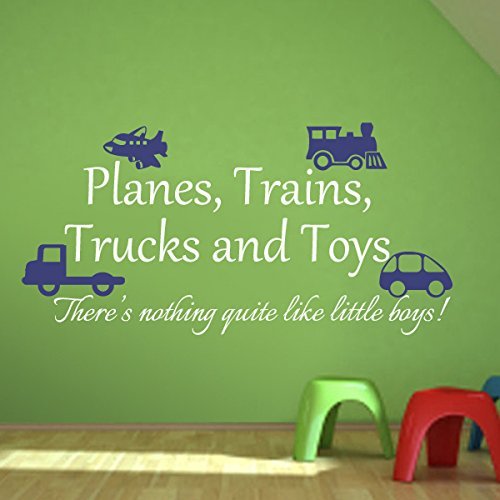 Planes Trains Trucks & Toys Wall Decal - Nursery Playroom Quote Sticker - Baby Boy Room Art Decor (Blue Toys/White Words) - Perfect for Kids Bedroom, Daycare & Play Area Decorations
