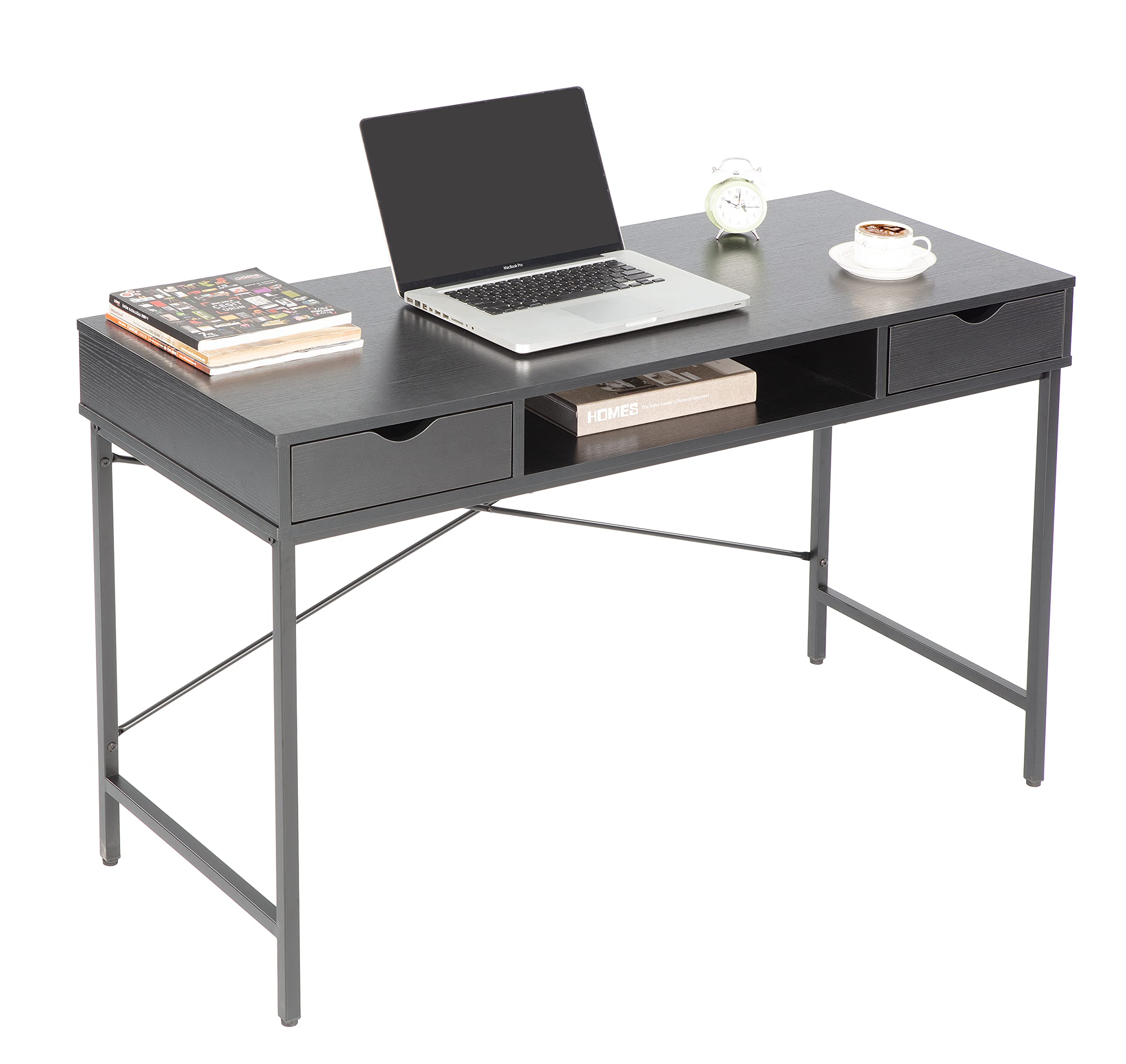 JJS 48 Inch Modern Writing Desk with 2 Drawers - Black Home Office Computer Desk, Spacious Laptop Workstation with Storage Shelf - Perfect for Small Spaces, Remote Work & Study