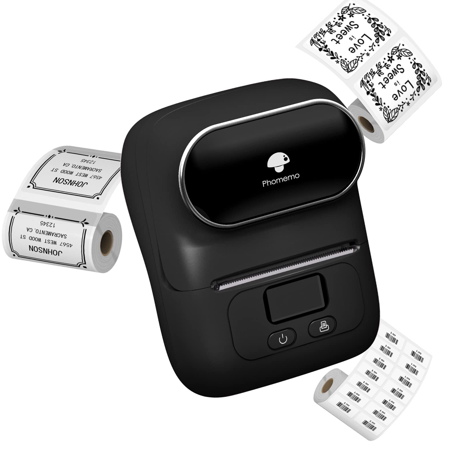Phomemo M110 Bluetooth Label Maker - Wireless Portable Thermal Printer for Business, Retail, Clothing Tags, Jewelry Labels & Barcodes | Compatible with iOS & Android | Includes 3 Pack Labels (Black) - Perfect for Small Business, Home Organization & Mailing Needs