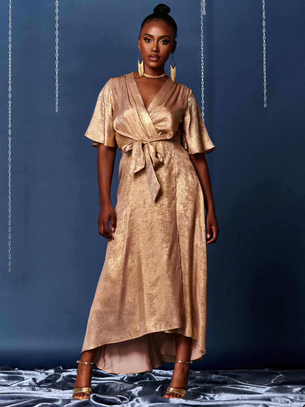 Metallic Gold Wrap Maxi Dress for Women - Elegant Evening Gown for Party, Wedding & Special Occasions