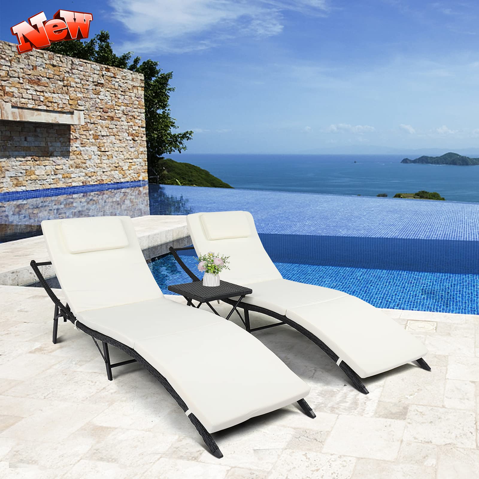 Upgraded 3-Piece Outdoor Folding Chaise Lounge Set - Rattan Wicker Adjustable Back Patio Recliner with Side Table & Cushions - Perfect for Poolside, Beach, Backyard & Garden Relaxation