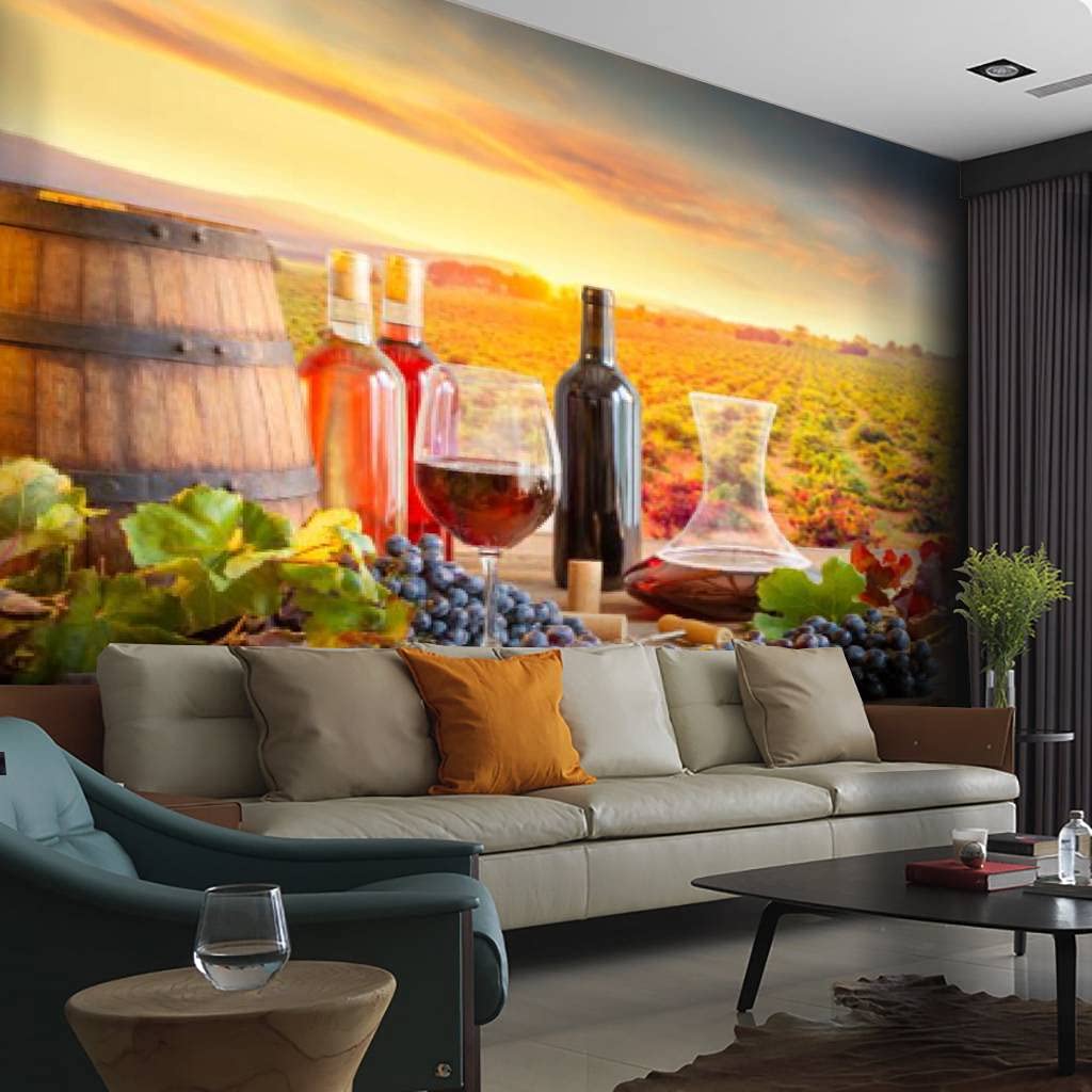Vineyard Wallpaper Canvas Print - Self-Adhesive Peel & Stick Wall Mural with Wine Bottles, Glasses & Barrels - Home Decor for Living Room, Kitchen, Bar or Wine Cellar