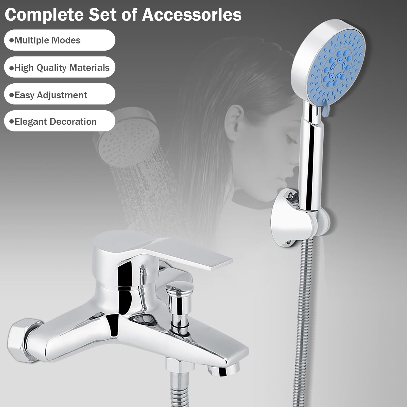Premium Wall Mount Bathtub Faucet Set with Hand Shower - Silver Finish Shower Mixer System with Sprayer Hose - Perfect for Bathroom Renovation & Spa-Like Shower Experience