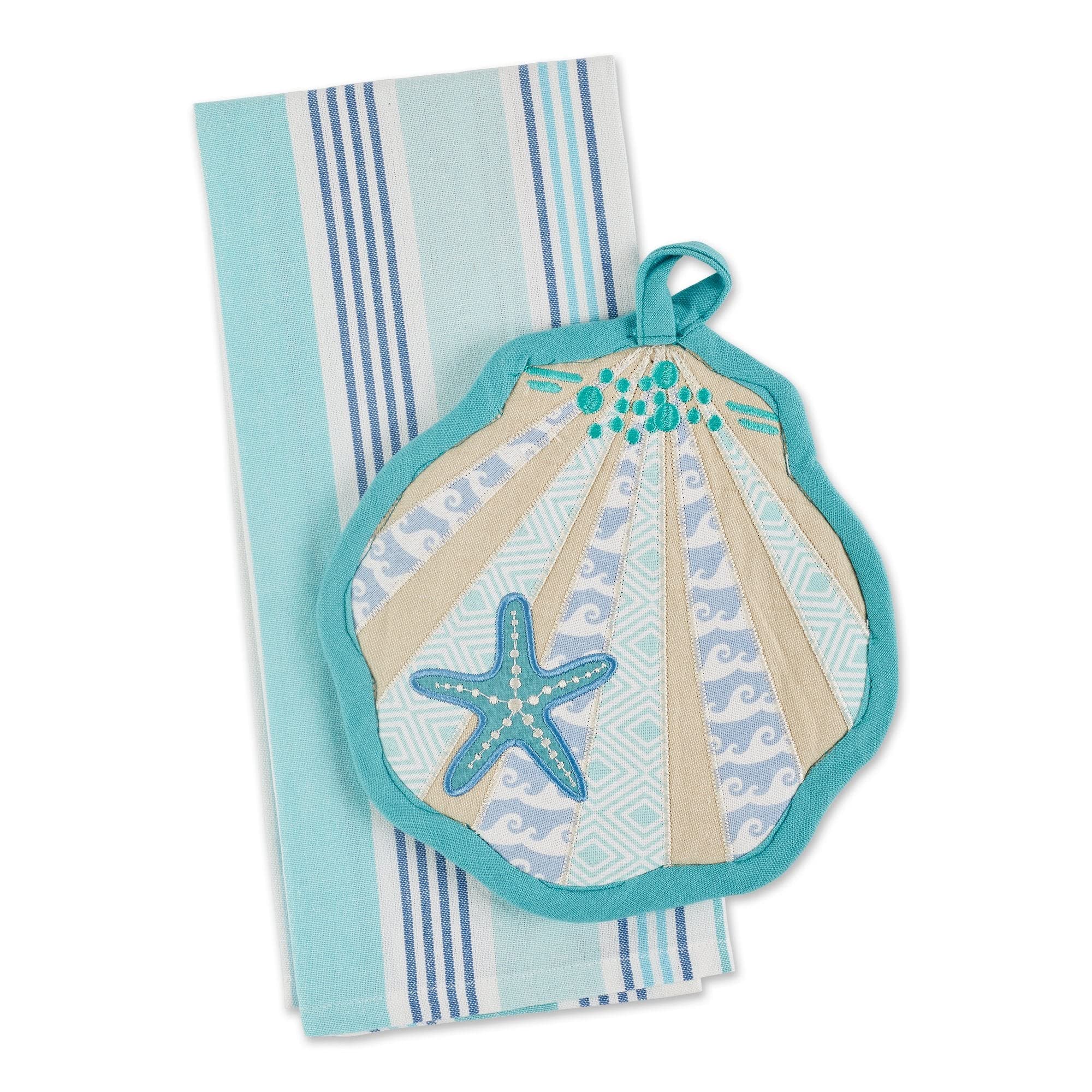 DII Coastal Blue Seashell Potholder and Dish Towel Set - Kitchen Decor & Hostess Gift for Beach House, Cottage, or Coastal-Themed Home