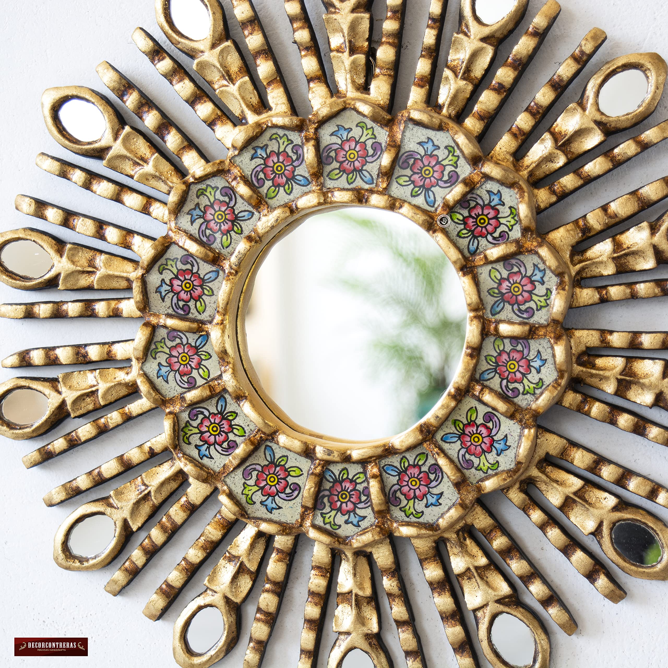 Handmade Sunburst Wall Mirror - Gold Leaf Wooden Decorative Mirror for Home Decor, Living Room, Bedroom - Perfect Mother's Day Gift (Beige)