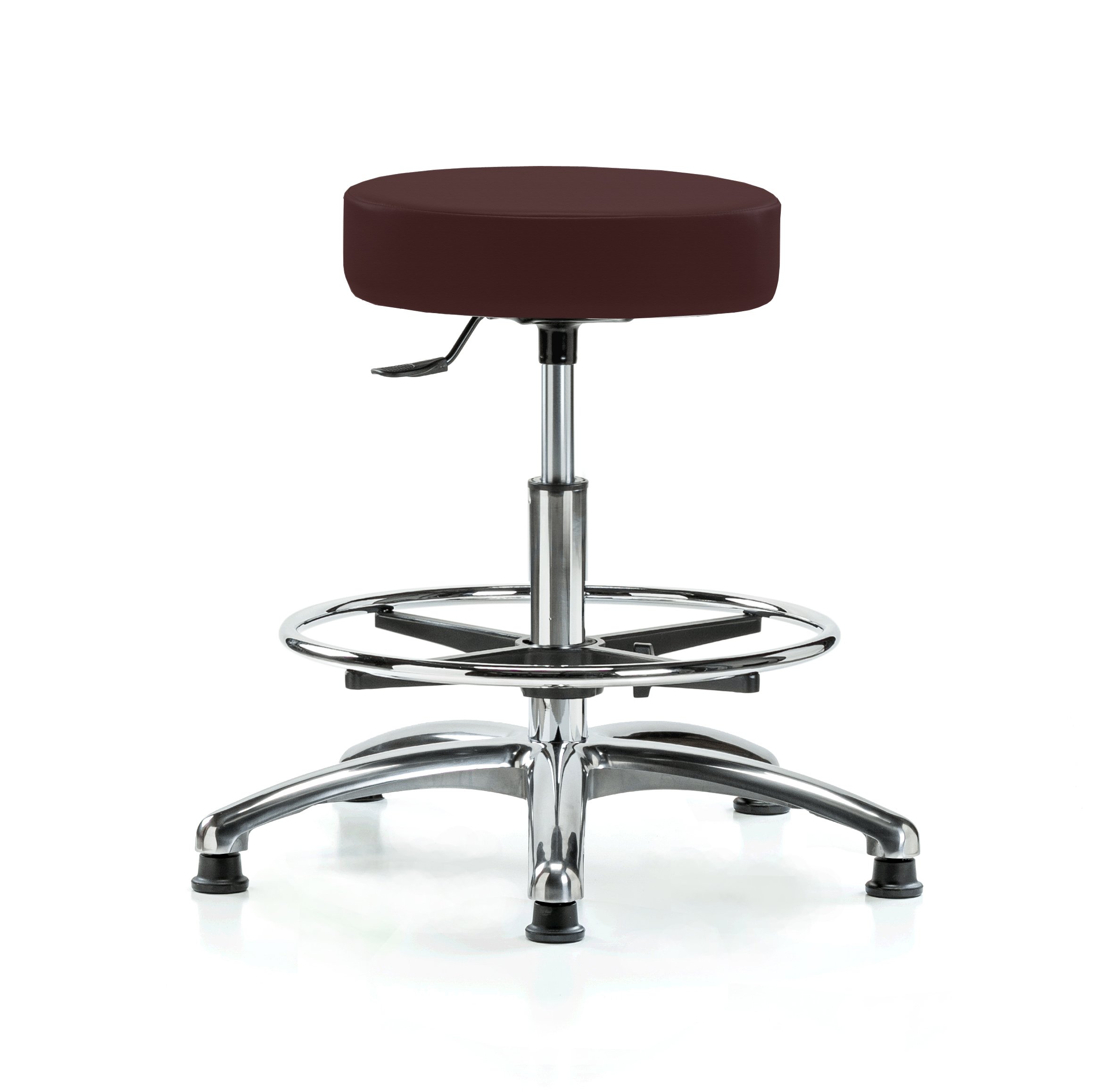 Adjustable Chrome Rolling Swivel Stool with Foot Ring - Single Lever Height Control, Stationary Caps & Burgundy Fabric - Perfect for Workbenches, Home Offices & Kitchen Counter Use