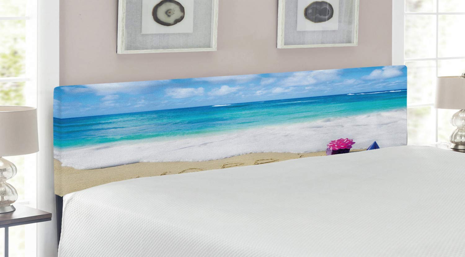 Ambesonne King Size Upholstered Headboard - Happy Birthday Celebration Design with Sandy Beach, Party Hats & Ocean Theme | Decorative Metal Bed Frame with Memory Foam in Blue, Pale Brown & Pink | Perfect for Birthday Bedrooms, Beach Themed Decor & Guest Room Makeovers