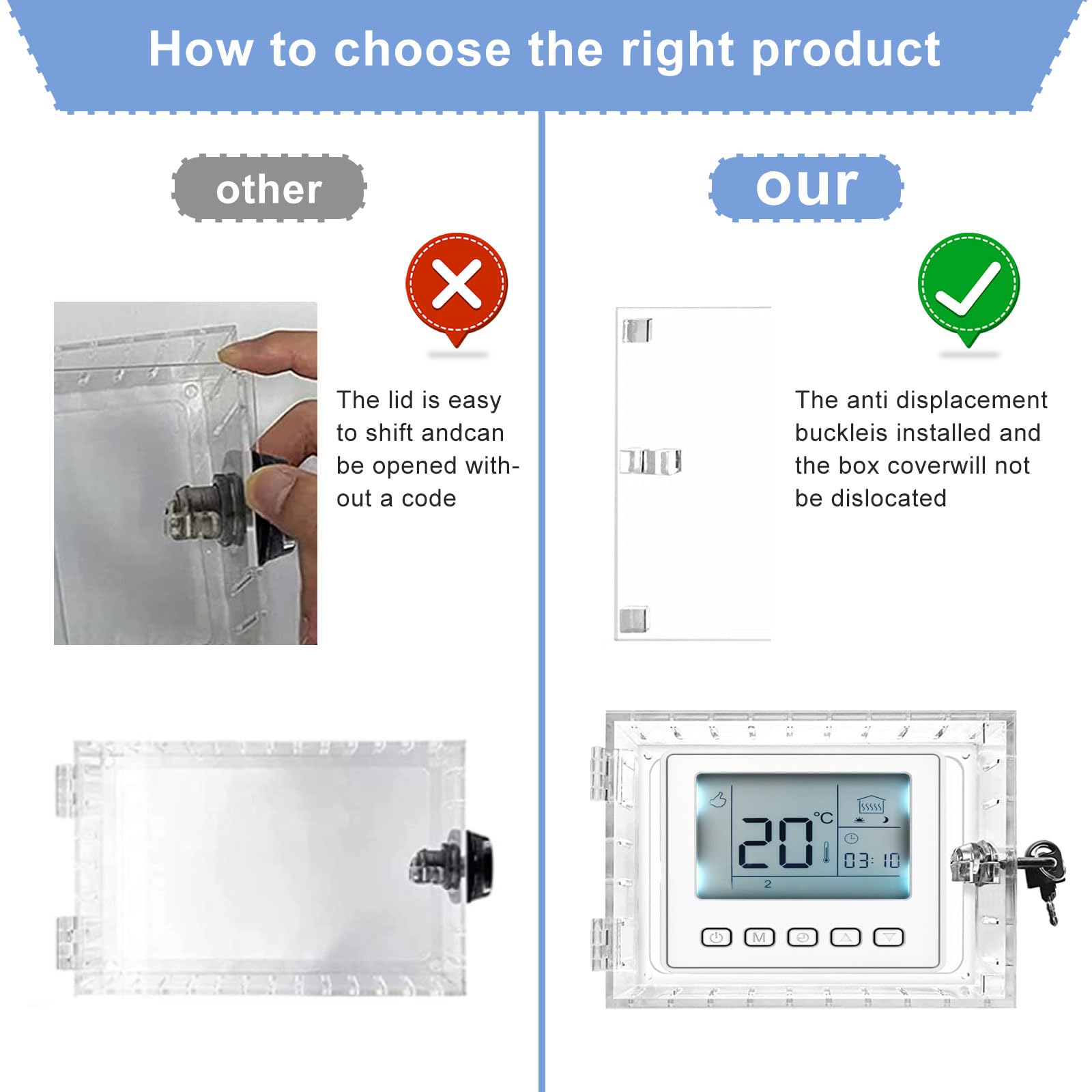 Universal Thermostat Lock Box with Key - Clear Large Thermostat Guard Cover for Wall Mounted Thermostats 6.5