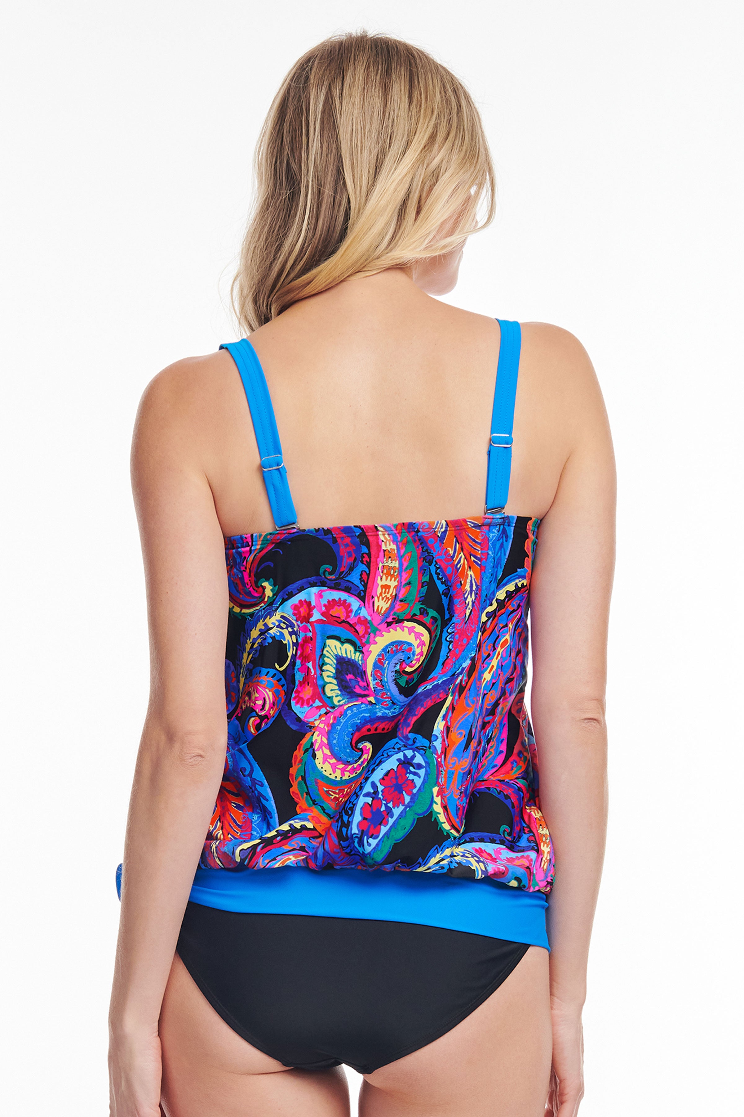 French Paisley Black Draped Blouson Tankini Top - Stylish Swimwear for Pool Parties & Beach Vacations