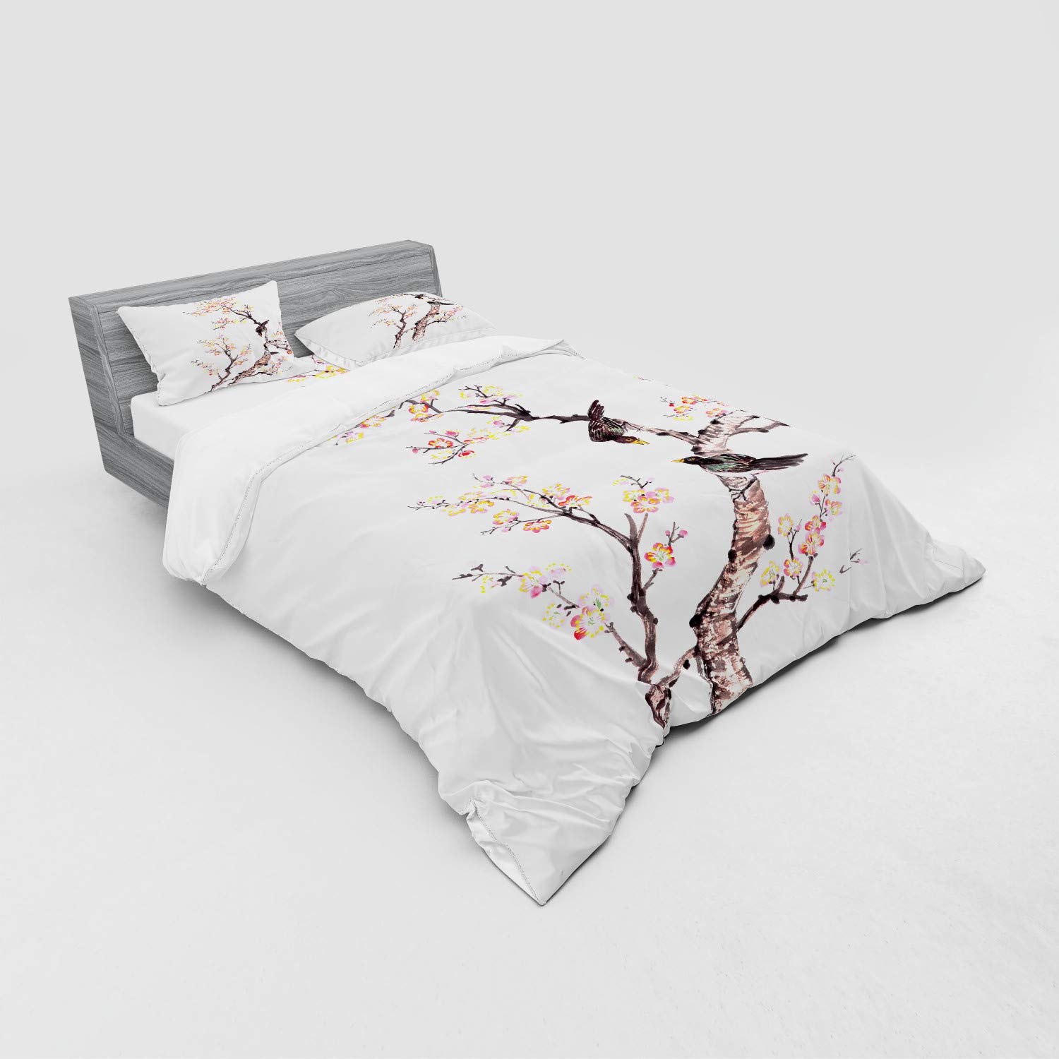 Ambesonne Chinese Floral Plum Blossom Bird Print 4-Piece Queen Bedding Set - Duvet Cover, Shams & Fitted Sheet in Pale Yellow Brown | Traditional Asian Inspired Bedroom Decor for Home & Guest Room