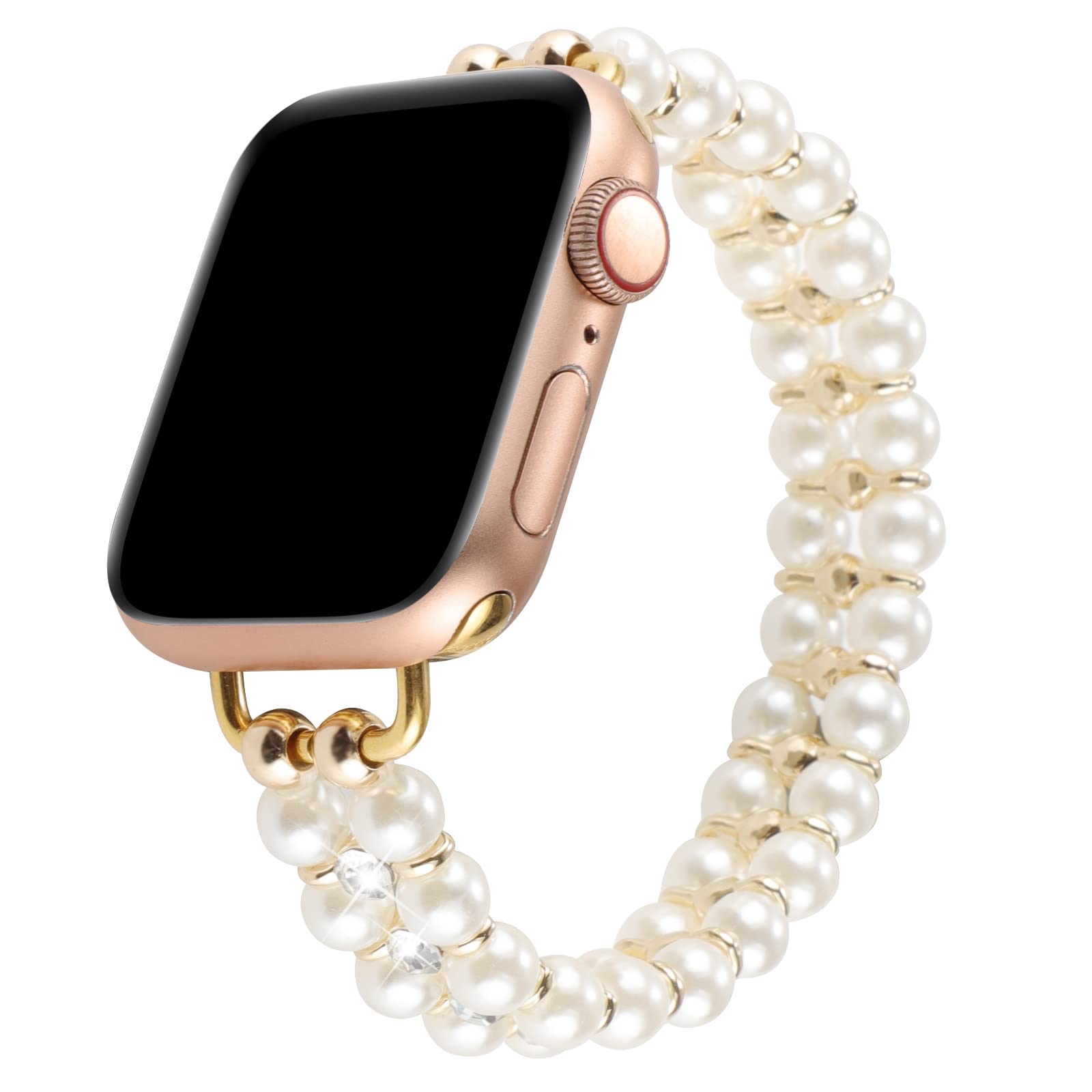 Sparkling Elastic Pearl Beaded Stretch Band for Apple Watch 38mm 40mm 41mm - Diamond Chain Solo Loop Bracelet Replacement for iWatch Series 9/8/7/6/5/4/3/2/SE - Perfect for Women's Daily Wear, Workouts & Special Occasions