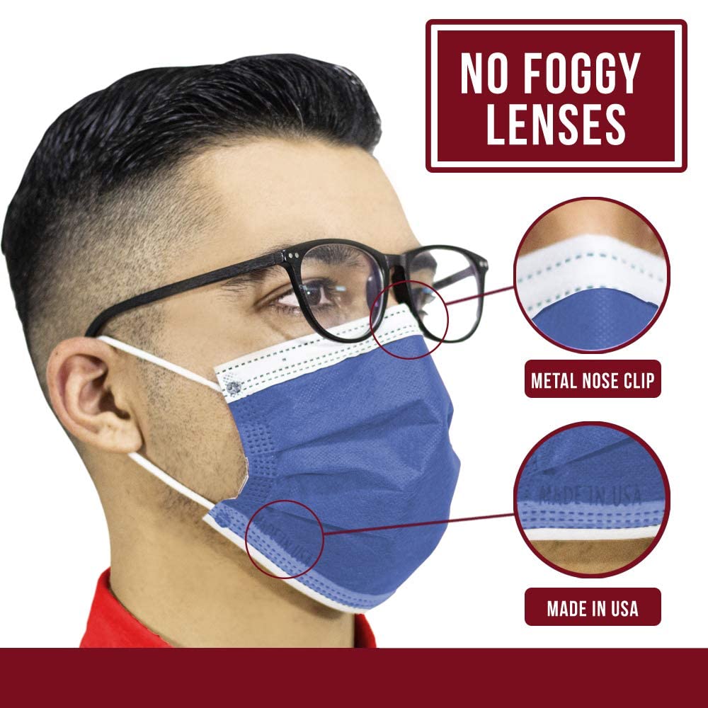 4-Ply Breathable Disposable Face Masks - Made in USA - Comfortable Elastic Ear Loops - Multiple Colors (500 Pack, Denim Blue) - Perfect for Daily Use, Travel, Work & School Protection