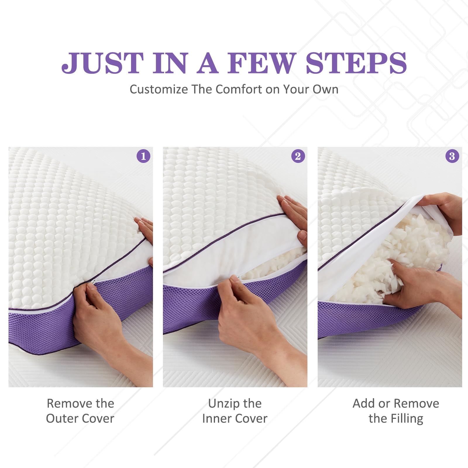 Cooling Adjustable Shredded Memory Foam Pillows Queen Size (2 Pack) - Breathable Bed Pillows for Side, Stomach & Back Sleepers with Removable Cover, 20