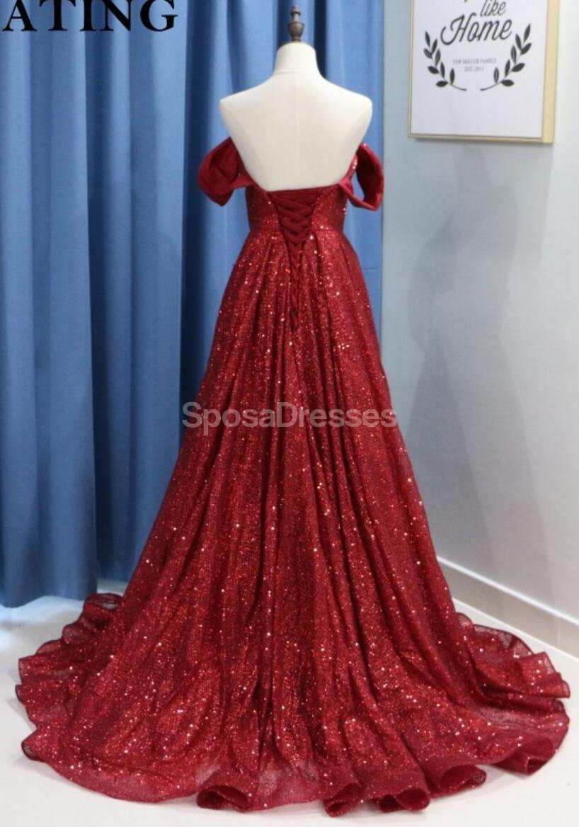 Elegant Dark Red Sparkly Off Shoulder A-Line Long Prom Dress for Evening Parties & Formal Events - Perfect for Homecoming, Prom Night & Special Occasions